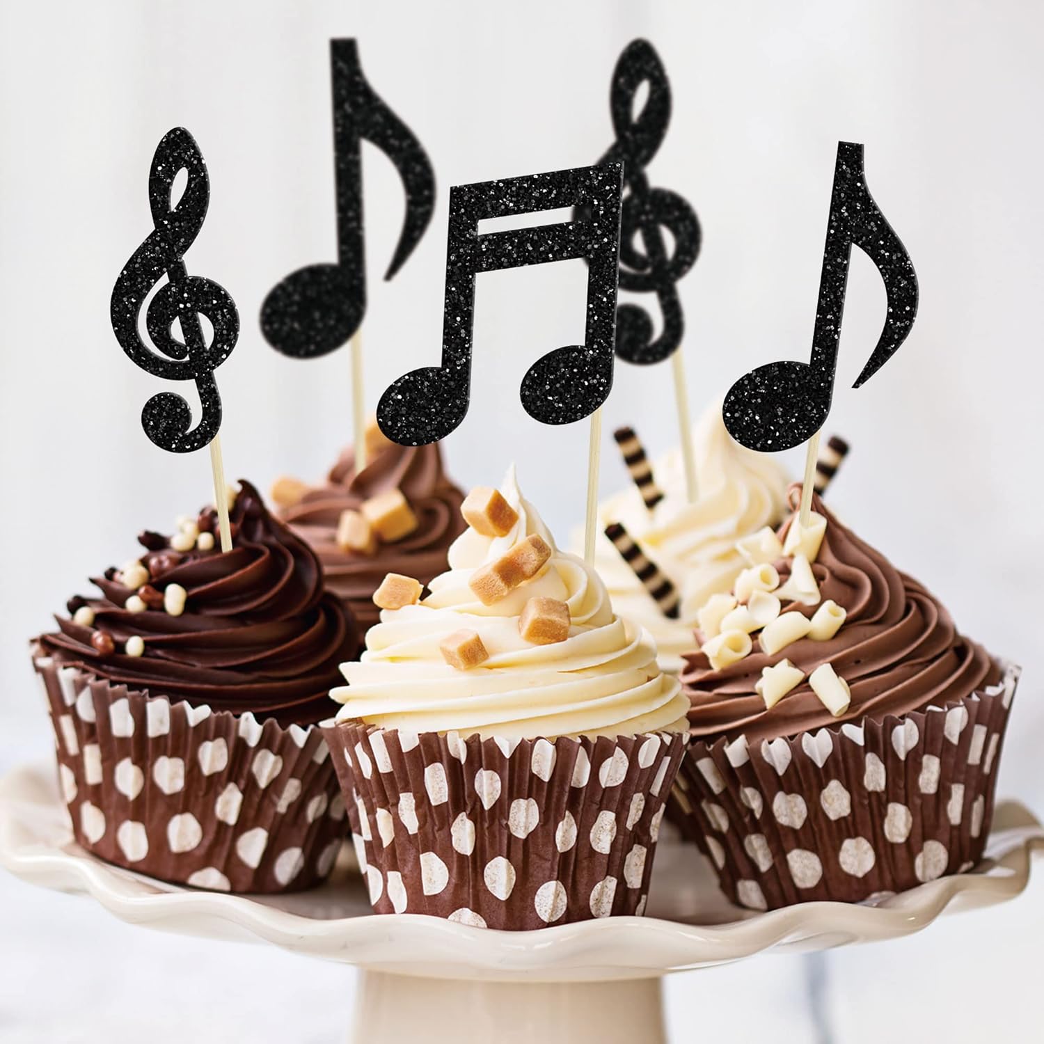 Gyufise 24 piezas de notas musicales para cupcakes, símbolos musicales con purpurina negra, para música rock, concierto, tema de baby shower, boda,