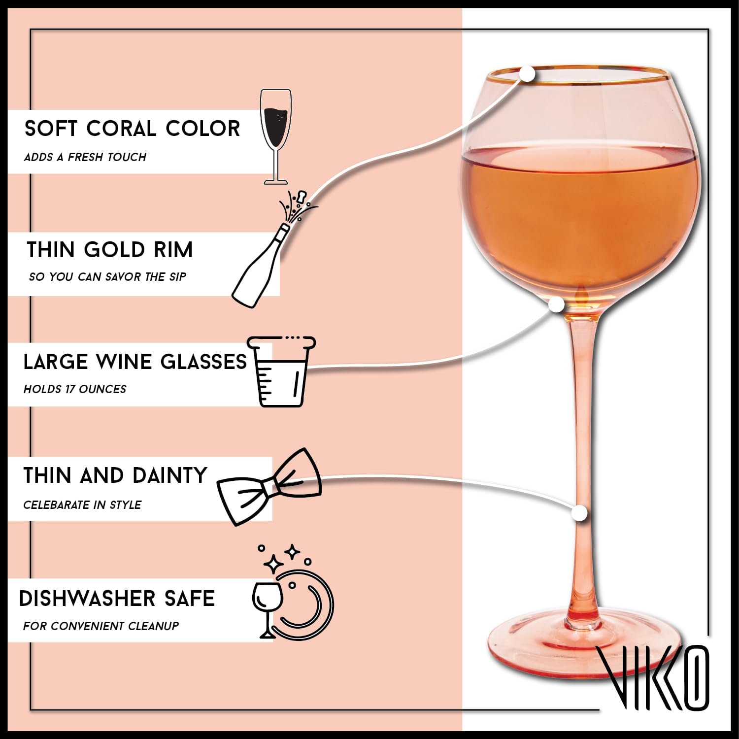 Vikko Copas de vino, copa de vino coral de 17 onzas con borde dorado, juego de 4 copas de vino con tallo para vino tinto y blanco, copas de vino de