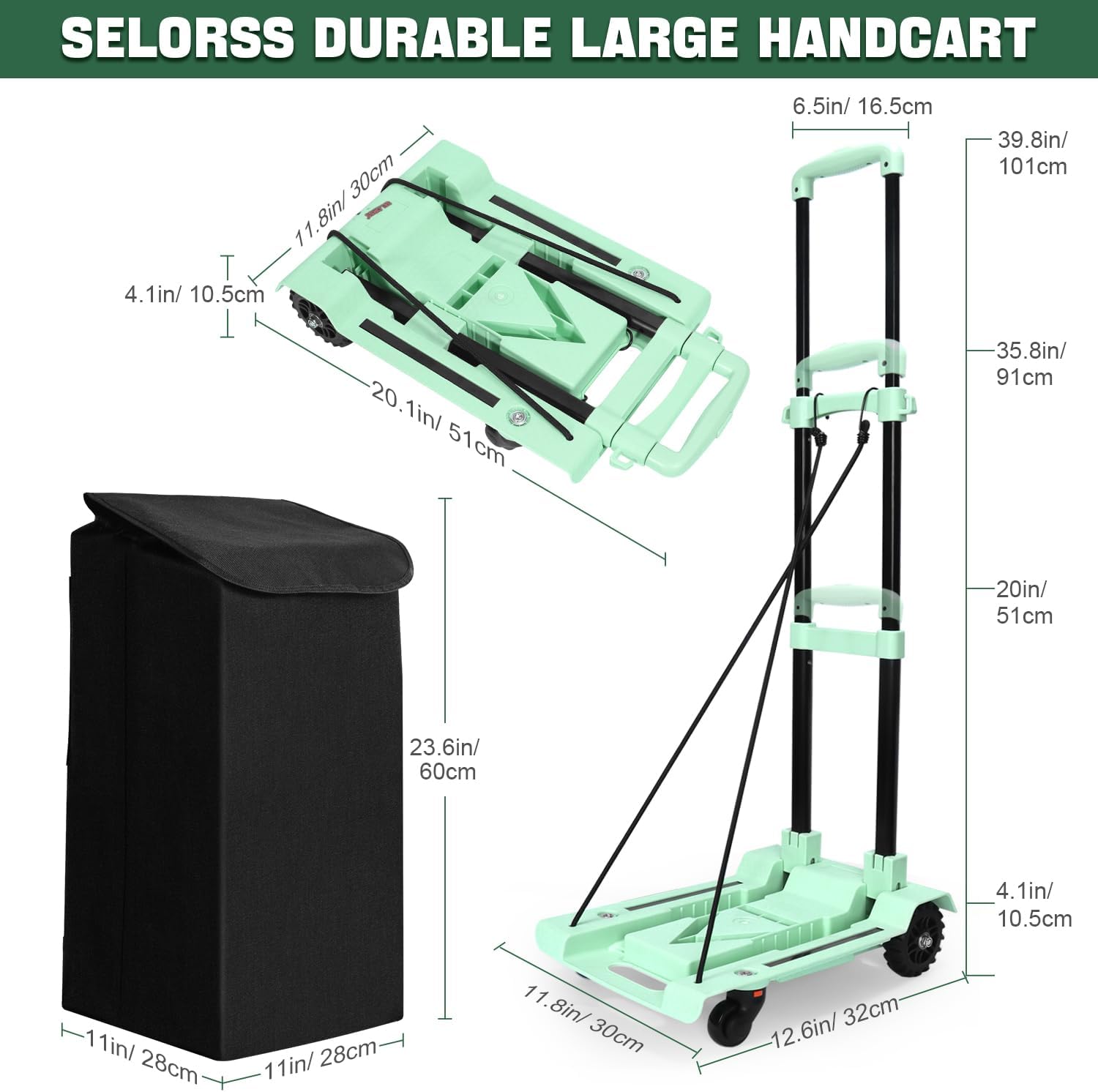 SELORSS Carro de mano plegable 2 en 1, carrito de compras portátil con ruedas y bolsa impermeable extraíble, plegable, ligero, de gran capacidad