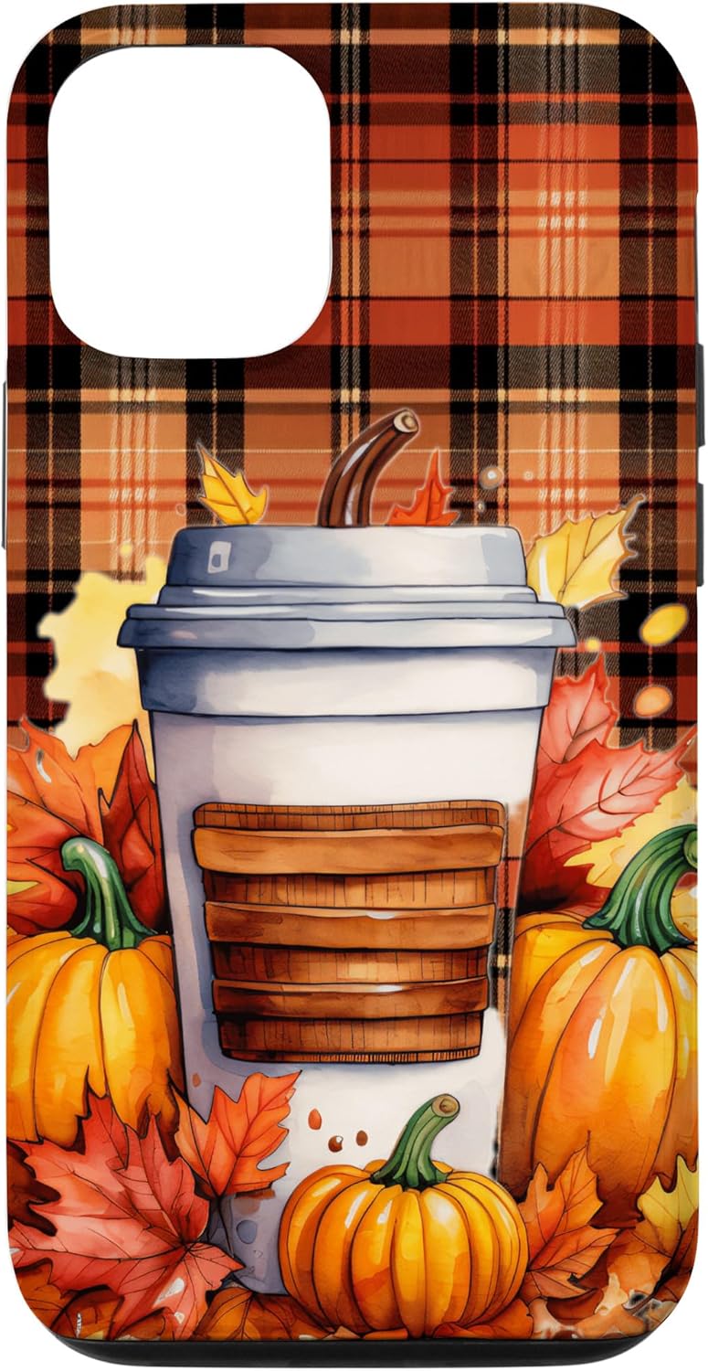 Funda para iPhone 1212 Pro Tartan Plaid Coffee Latte Otoño Calabaza Acción de Gracias