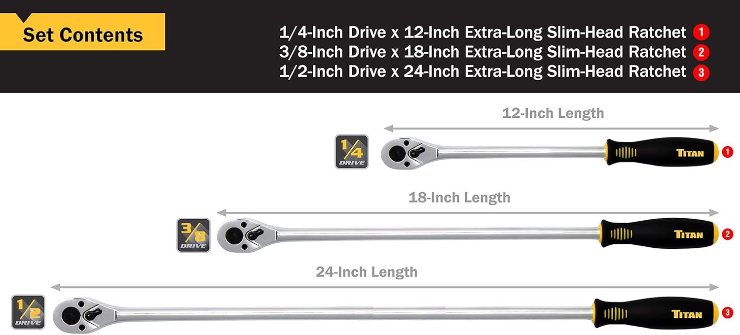 Titan 11360 – Juego de trinquete de cabeza delgada de 3 piezas de 36 dientes, extra largo y bajo perfil