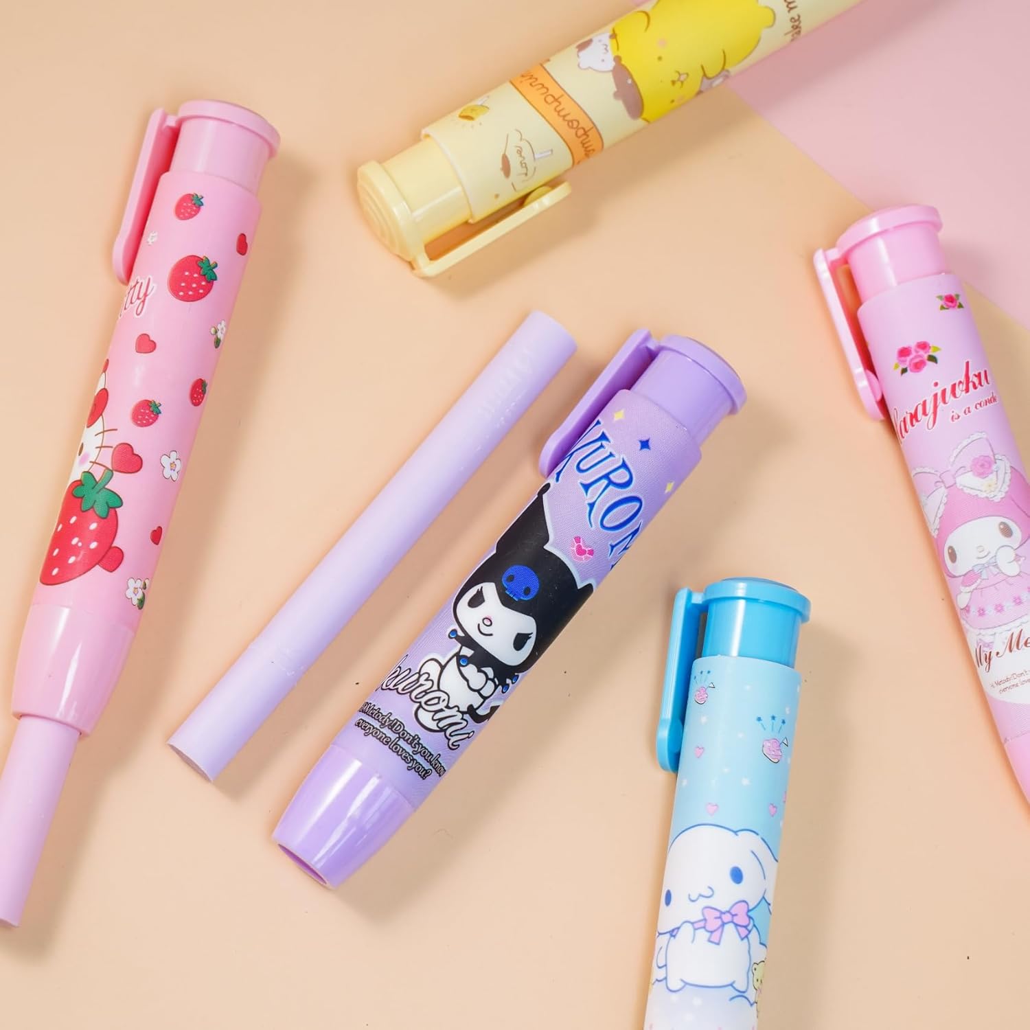5 + 1 borradores Kawaii para niños y gatitos retráctiles, lindos borradores para niñas, melodía de anime, divertida, caricatura, novedad, borrador