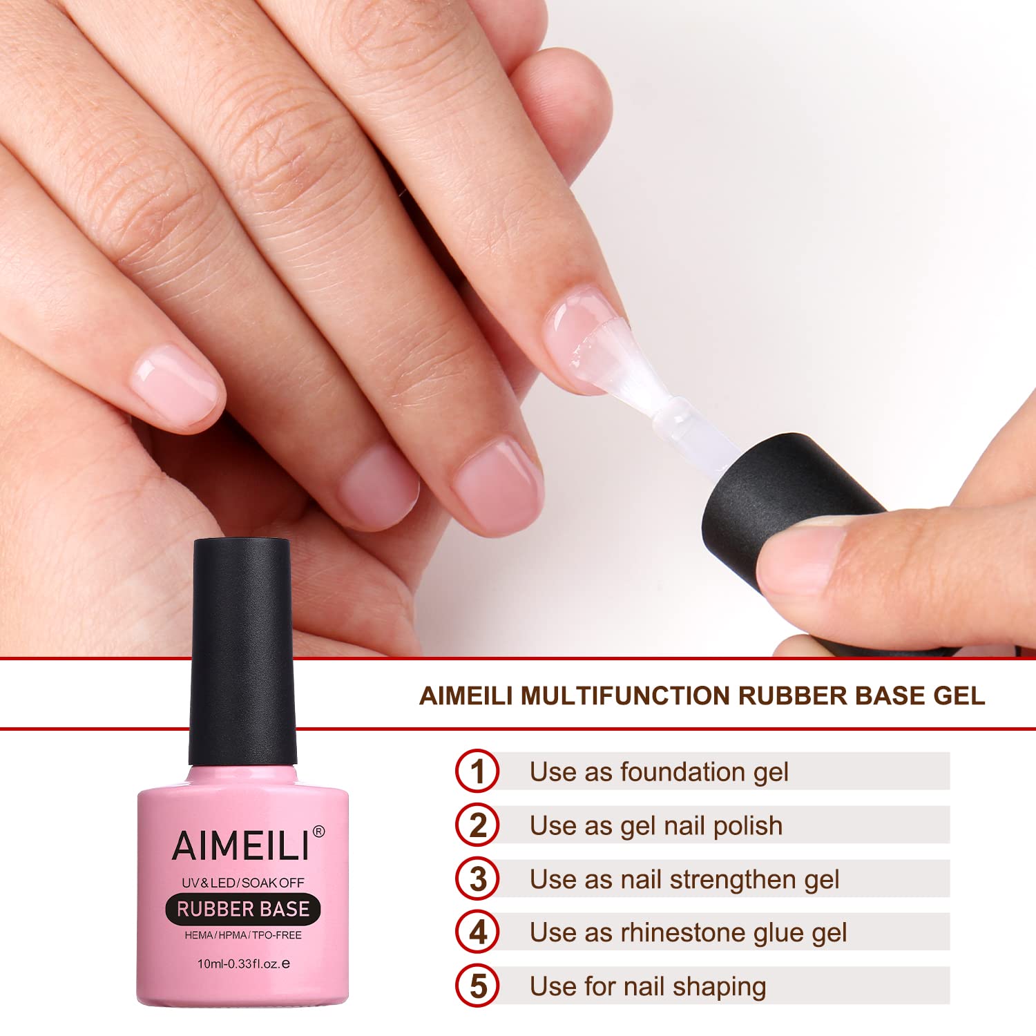 AIMEILI Gel base de goma para uñas, esmalte de uñas de gel transparente UV LED sin hema, 4 en 1 para fortalecer, mejorar, capa base, esmalte de gel