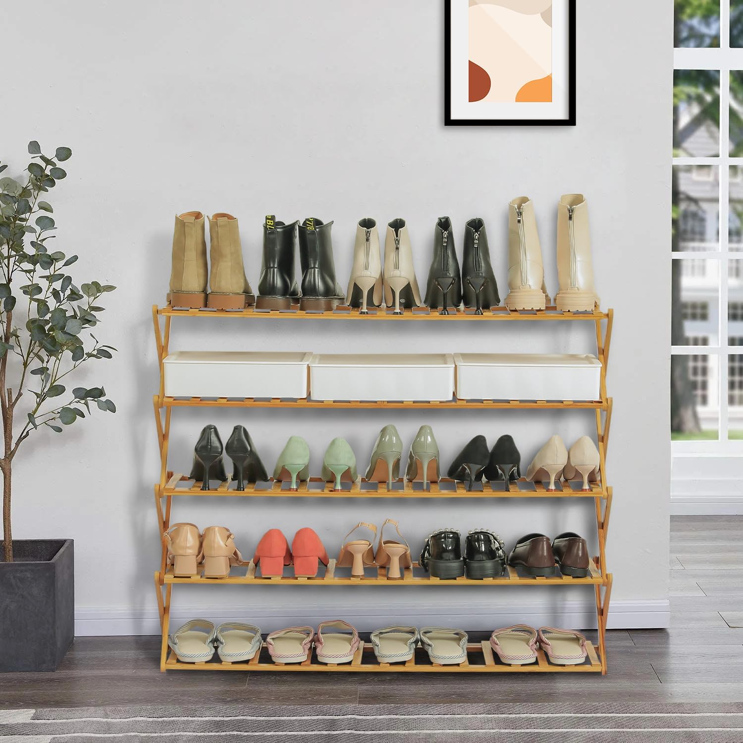 Magshion Estante organizador de zapatos ancho de bambú de 5 niveles, estante de almacenamiento apilable sin necesidad de montaje para entrada,