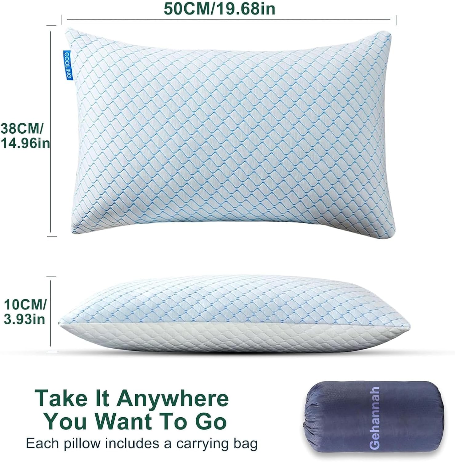 Gehannah Almohada de viaje  Almohada comprimible para acampar de gran tamaño para dormir, almohada de espuma viscoelástica triturada con bolsa de
