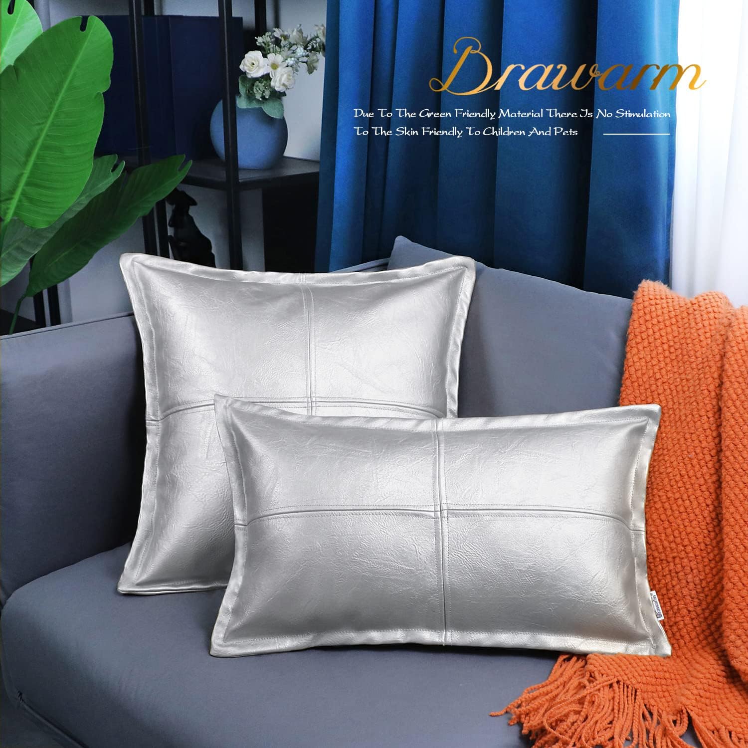BRAWARM Almohada de cuero plateado de 16 x 16 pulgadas, funda de almohada de piel sintética con ribetes, fundas de almohada decorativas de cuero