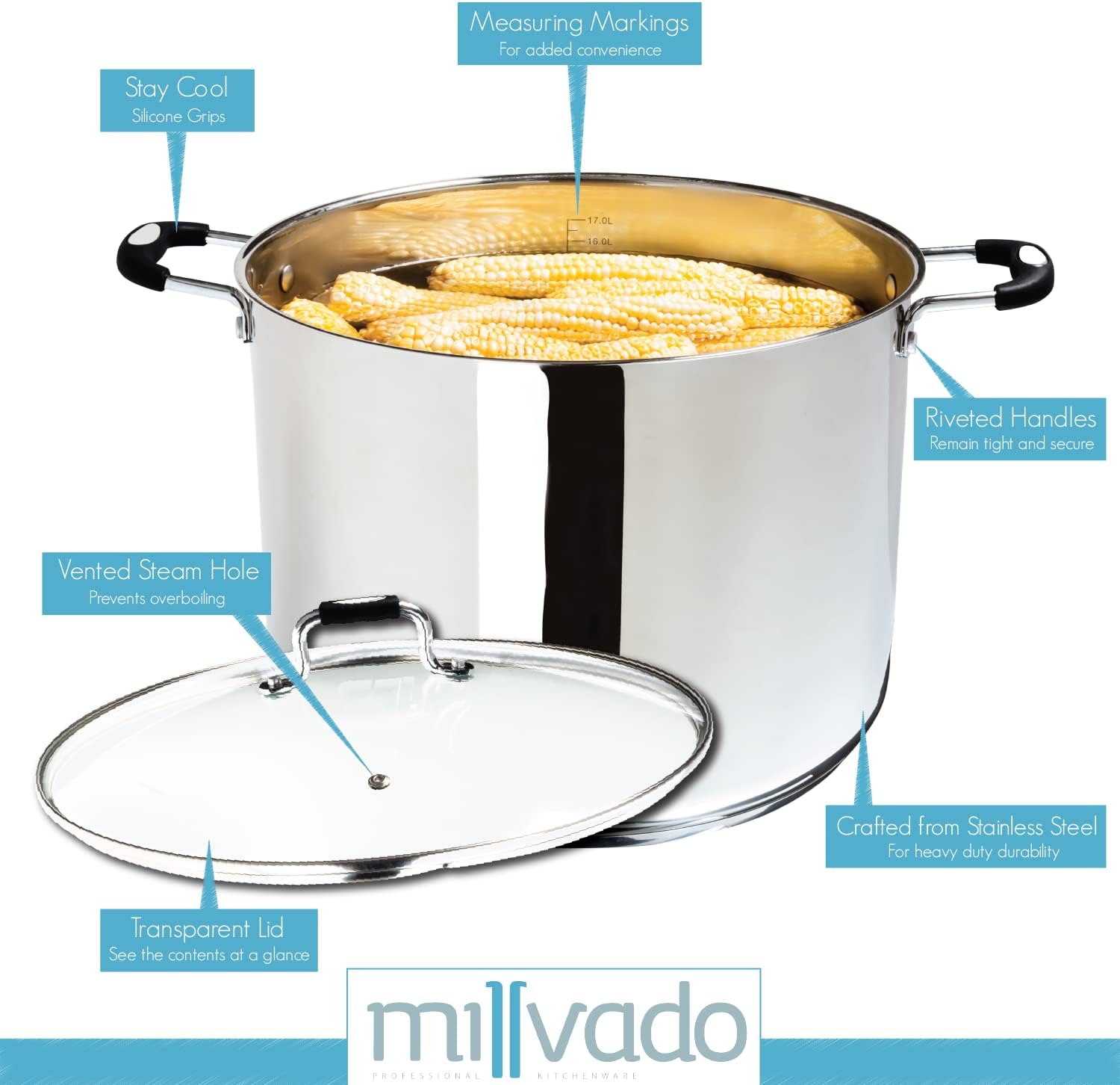 Olla grande de acero inoxidable de 20 cuartos de galón, olla de cocción grande, tapa de vidrio transparente y marcas de medición, orificio de vapor,