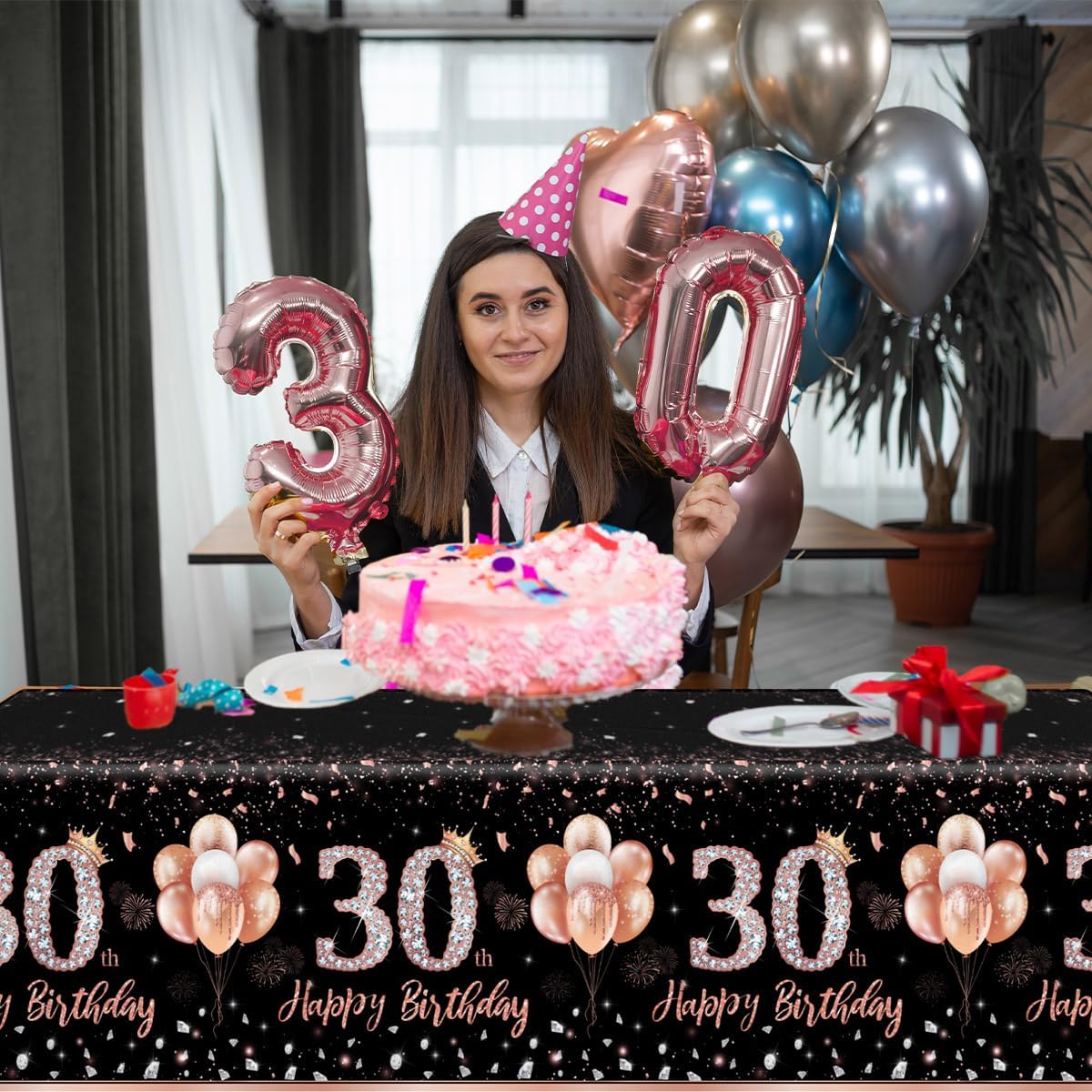 GREHUMOR 3 manteles de 30 cumpleaños de color oro rosa para mujer, suministros de fiesta de cumpleaños de 30 años, decoraciones de mesa