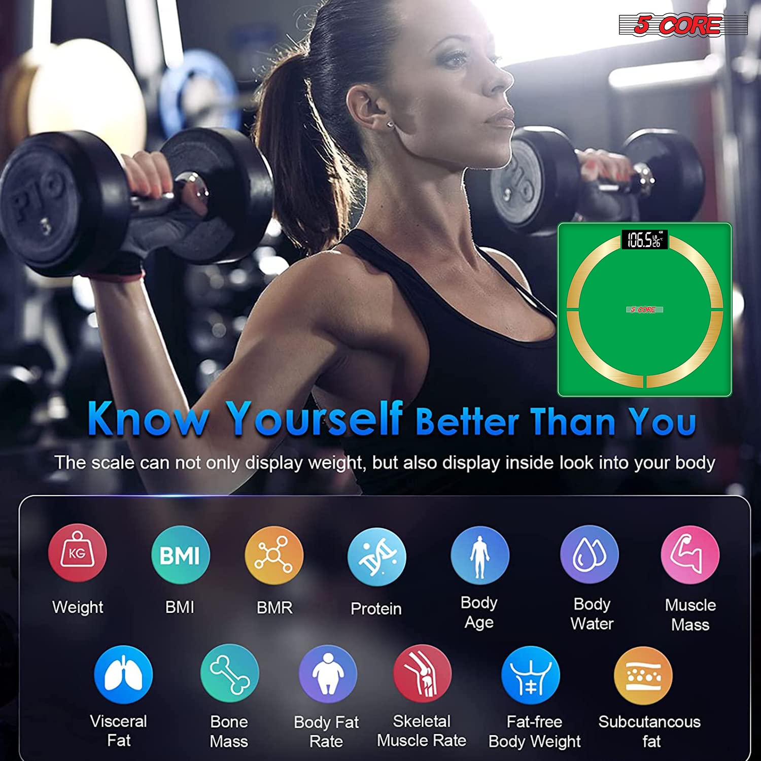 5 Core Báscula digital inteligente para baño con grasa corporal y peso de agua para personas, máquina analizadora electrónica de cuerpo con