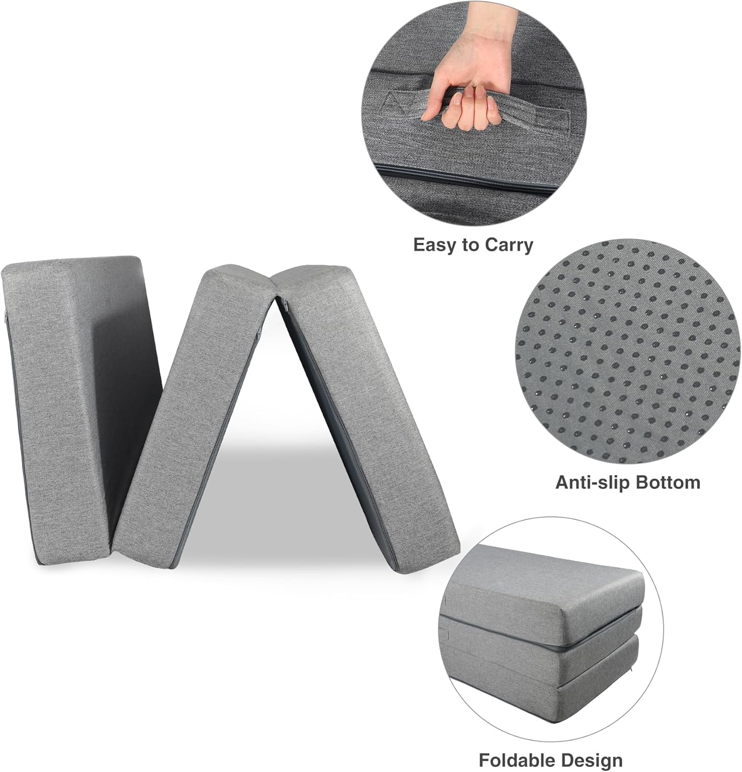 Colchón plegable de espuma viscoelástica, cubrecolchón de triple pliegue de 6 pulgadas con funda transpirable y lavable, cama de invitados portátil