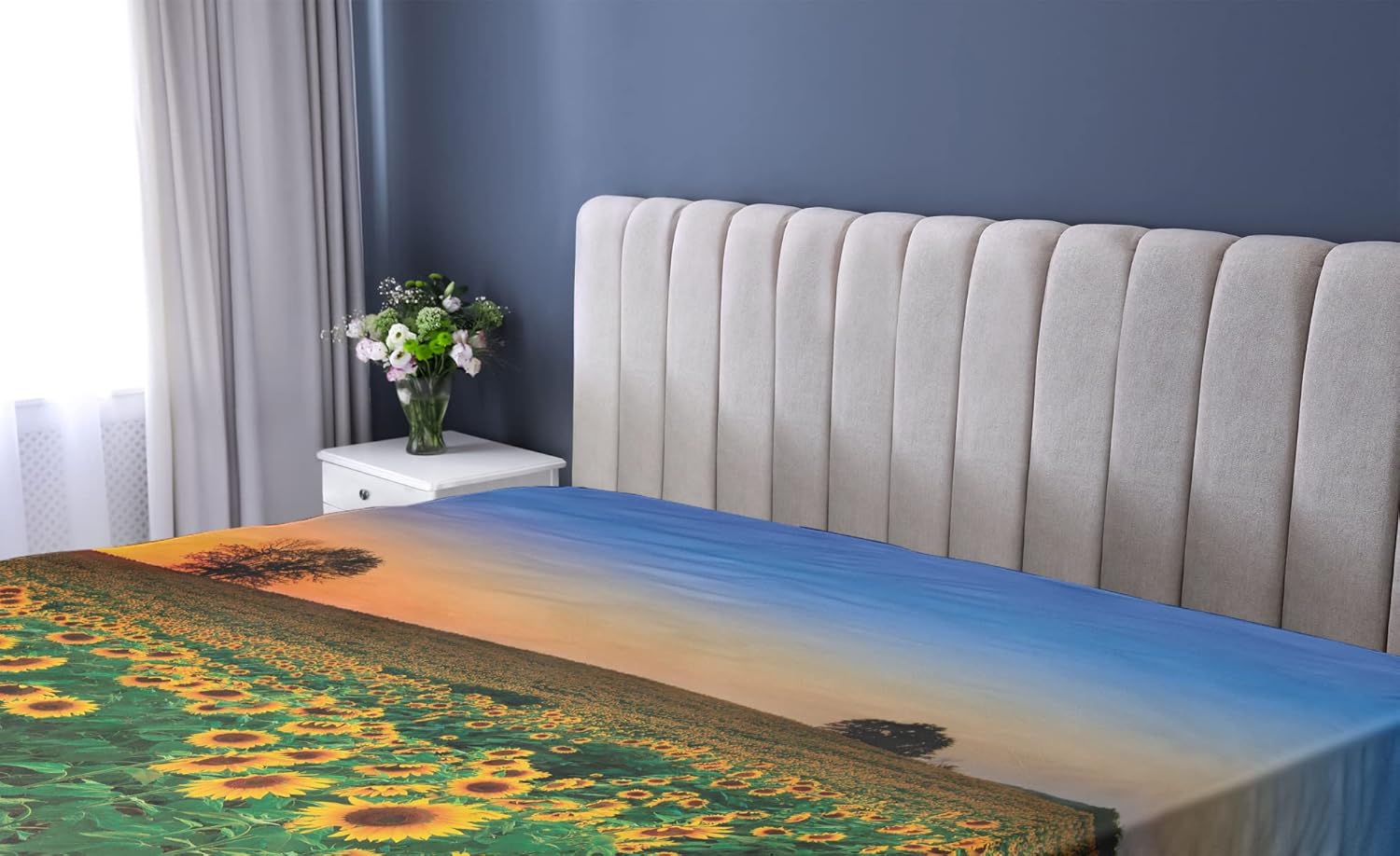 Ambesonne Sábana bajera ajustable de girasol, temática de verano, foto generada digitalmente de flores archivadas al atardecer Vivid Sky, funda de