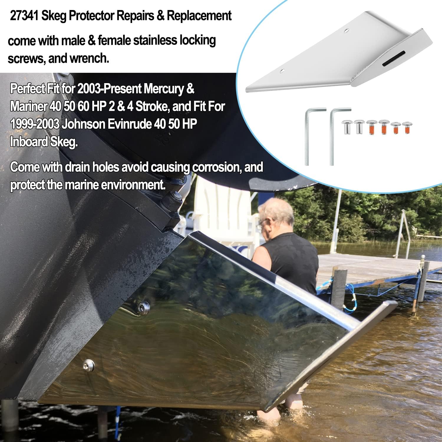 27341 Skeg Guard Safe-Skeg Protector Kit de reparación para Mercury & Mariner 2003-2023 40 50 60 HP 2 y 4 tiempos, para Johnson Evinrude 40 50 HP