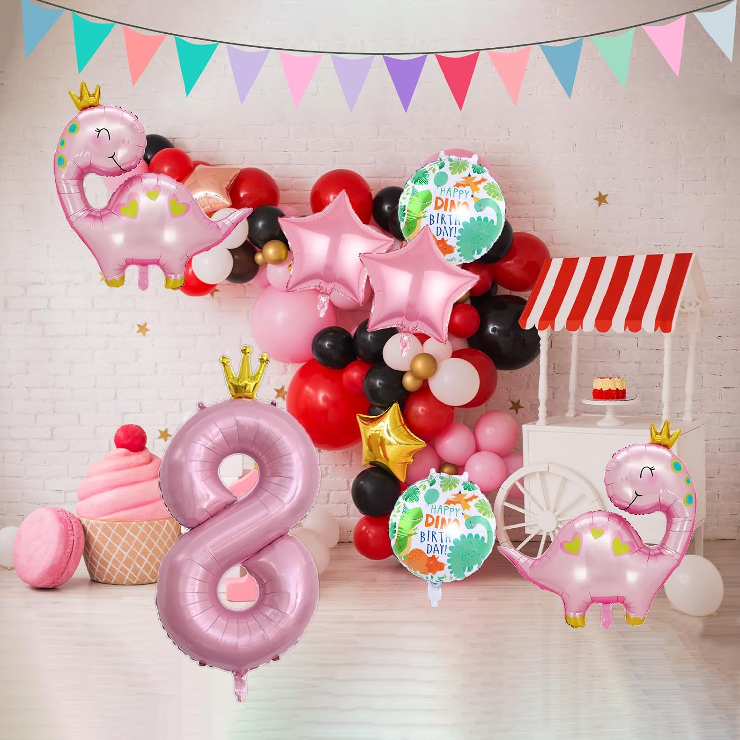 7 globos de dinosaurio con corona rosa, globos de aluminio de Mylar con número de cumpleaños de dinosaurio rosa, suministros de fiesta de 8