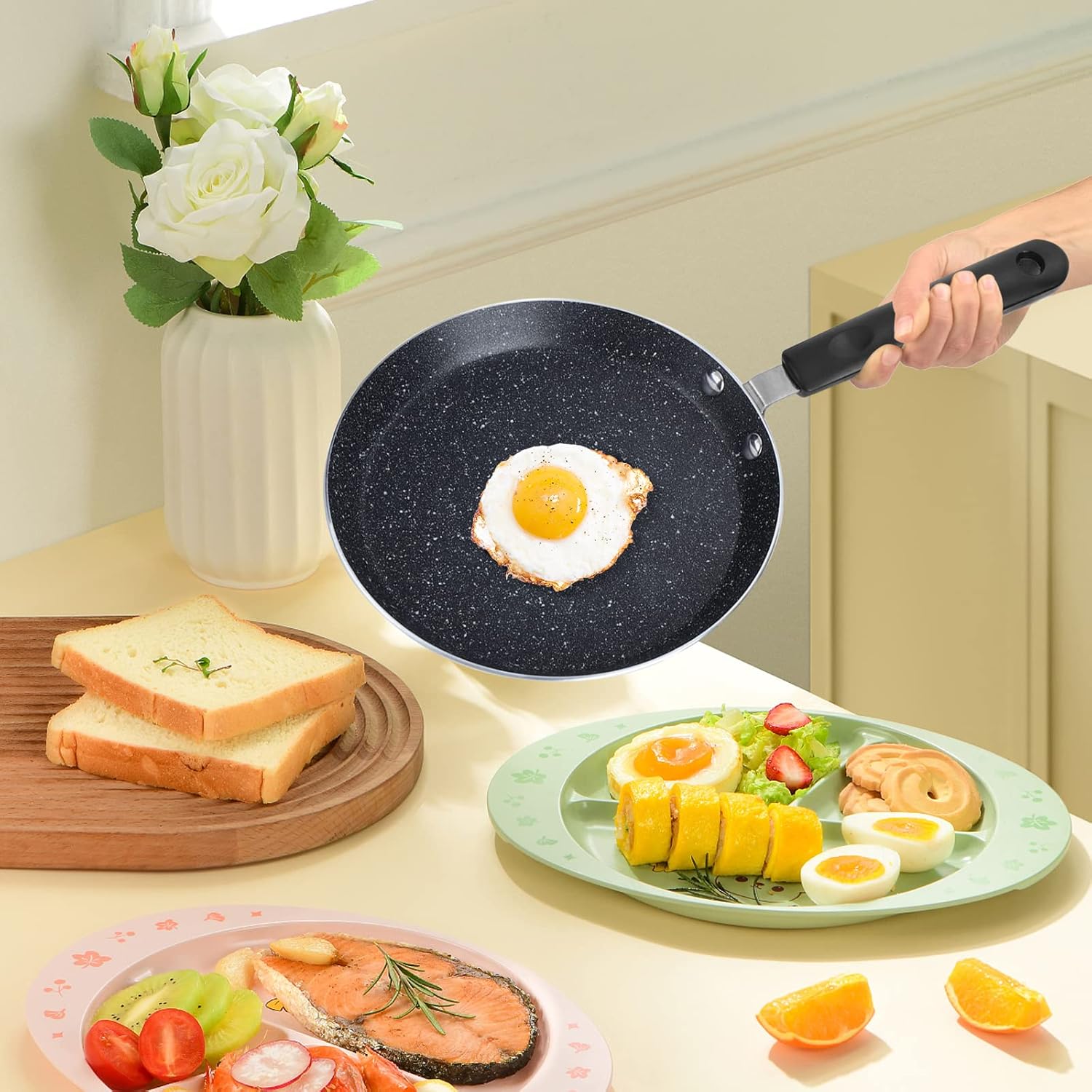 Goldmeet Sartén para tortillas, sartén antiadherente de 8 pulgadas con asa, sartén fácil de limpiar, sartén de aluminio para huevos, herramienta de