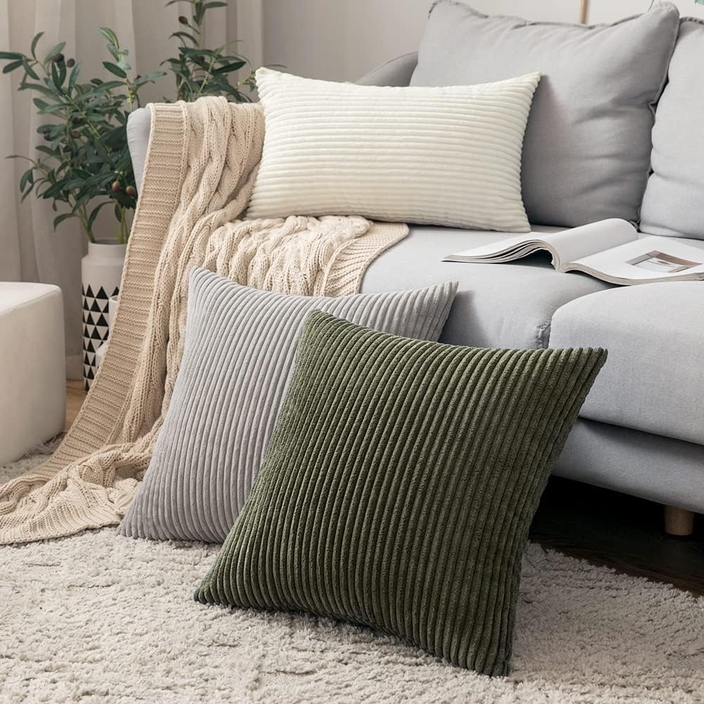 MIULEE Juego de 2 fundas de almohada de pana suave y sólidas a rayas, fundas de cojín cuadradas decorativas para sofá de primavera, dormitorio, 18 x