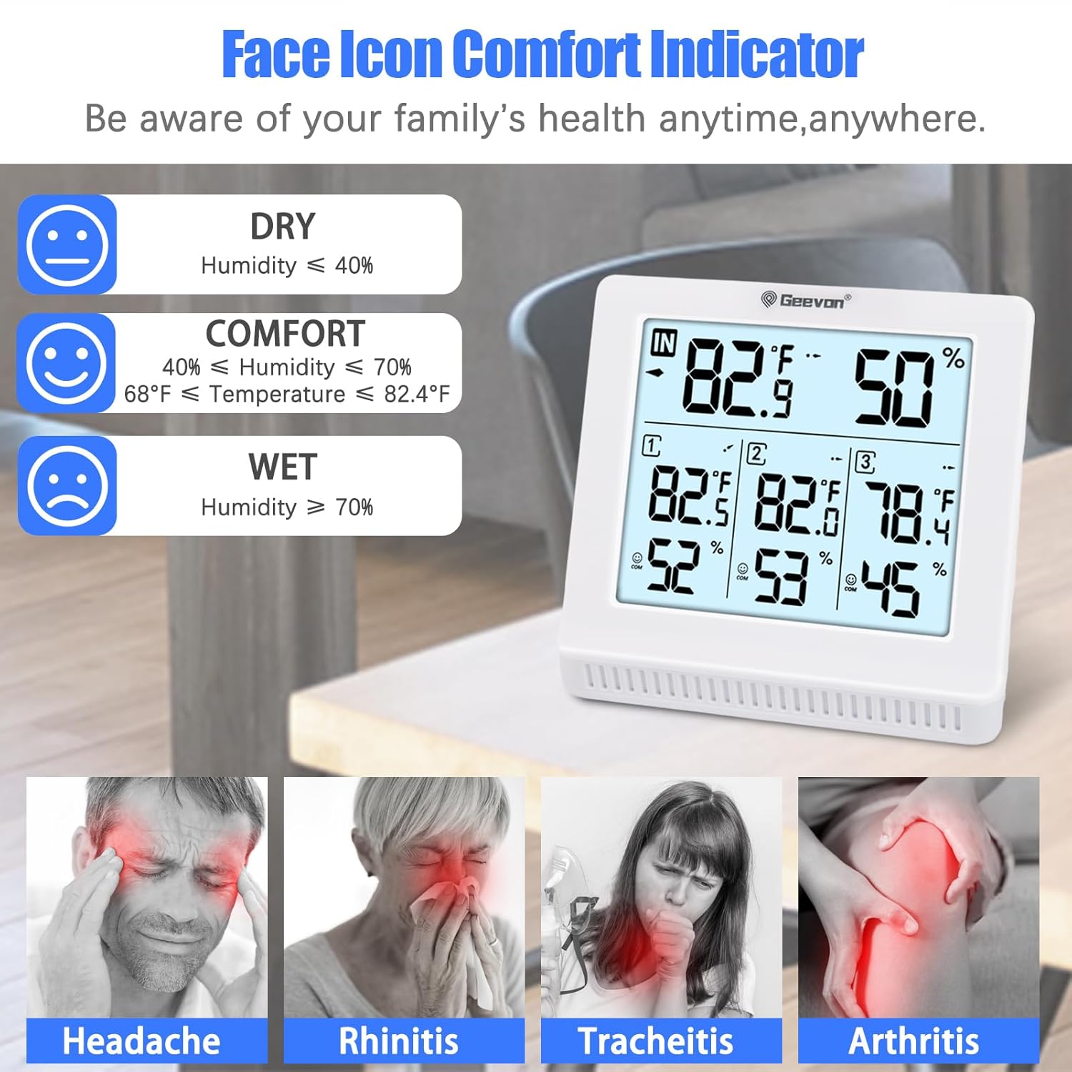 Geevon Termómetro inalámbrico para interiores y exteriores con 3 sensores remotos, termómetro higrómetro digital, medidor de temperatura y monitor