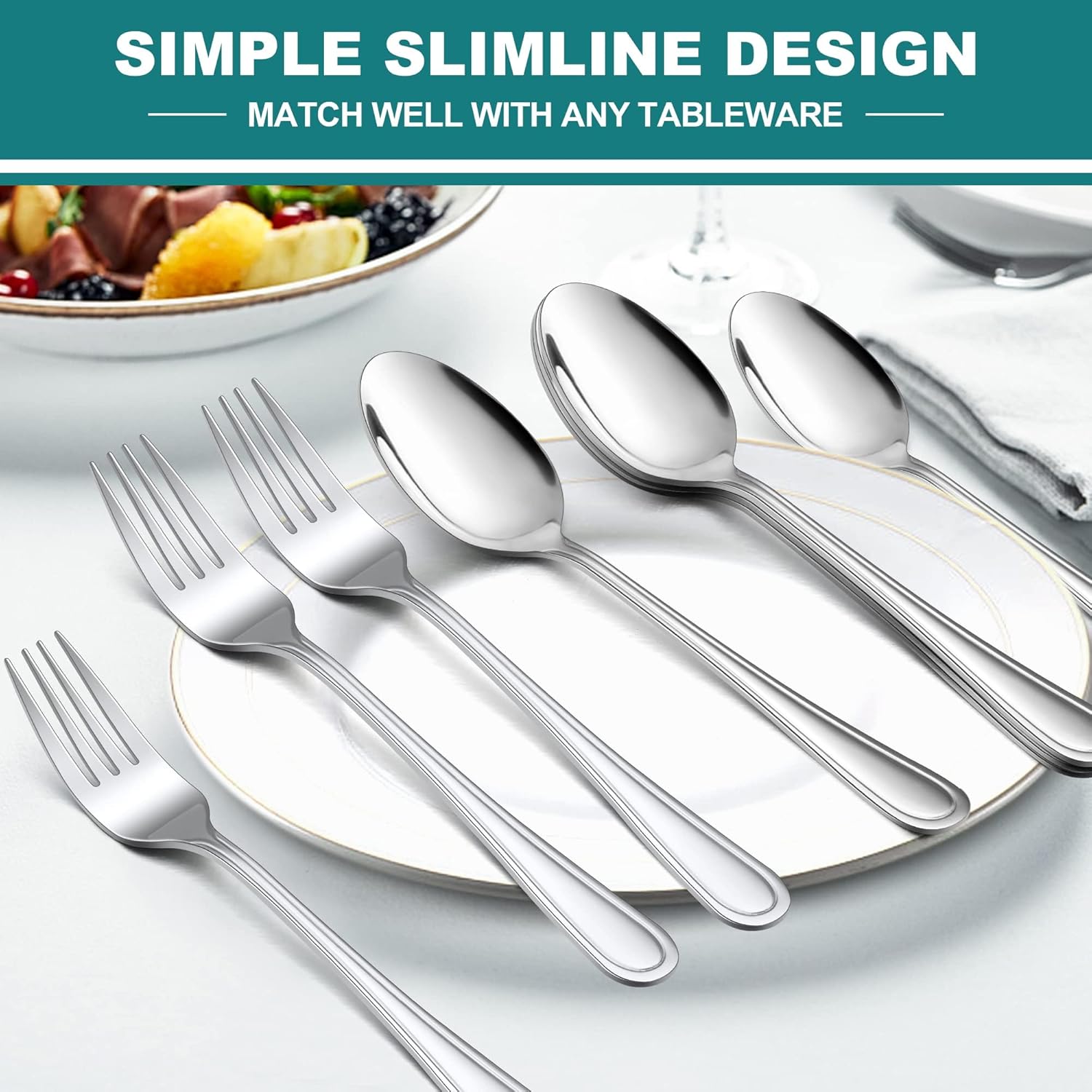 E-far – Juego de 16 cucharas y tenedores de acero inoxidable, 8 tenedores y 8 cucharas de cena, cubiertos de metal modernos para cocina y
