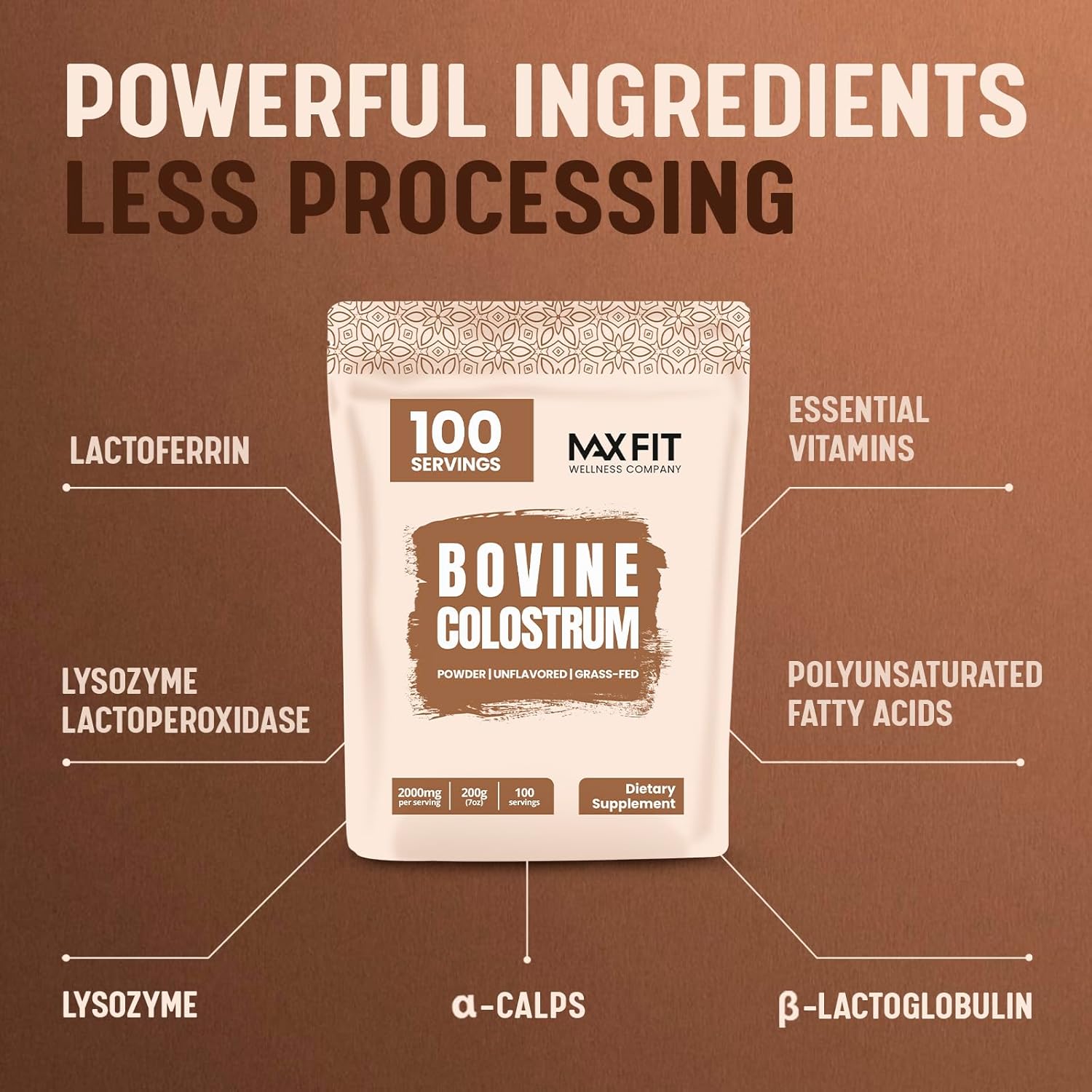MAX FIT Suplemento en polvo de calostro, polvo de calostro bovino, potente primera leche  Concentrado fácil de mezclar alimentado con pasto, salud