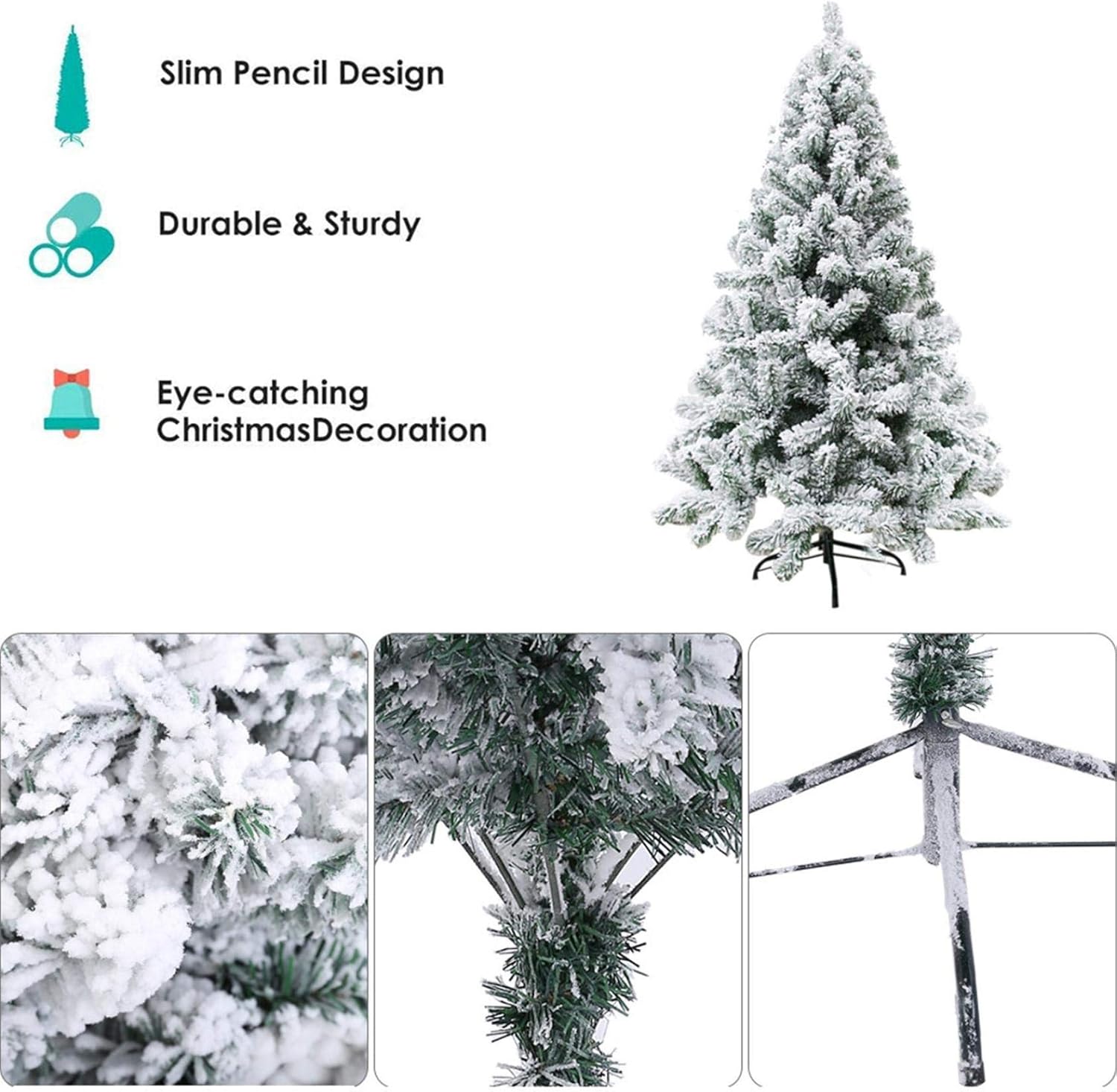 Decoración navideña árbol de Navidad artificial flocado de 7.5 pies, árbol de lápiz de Navidad, decoración del hogar de vacaciones para fiestas,
