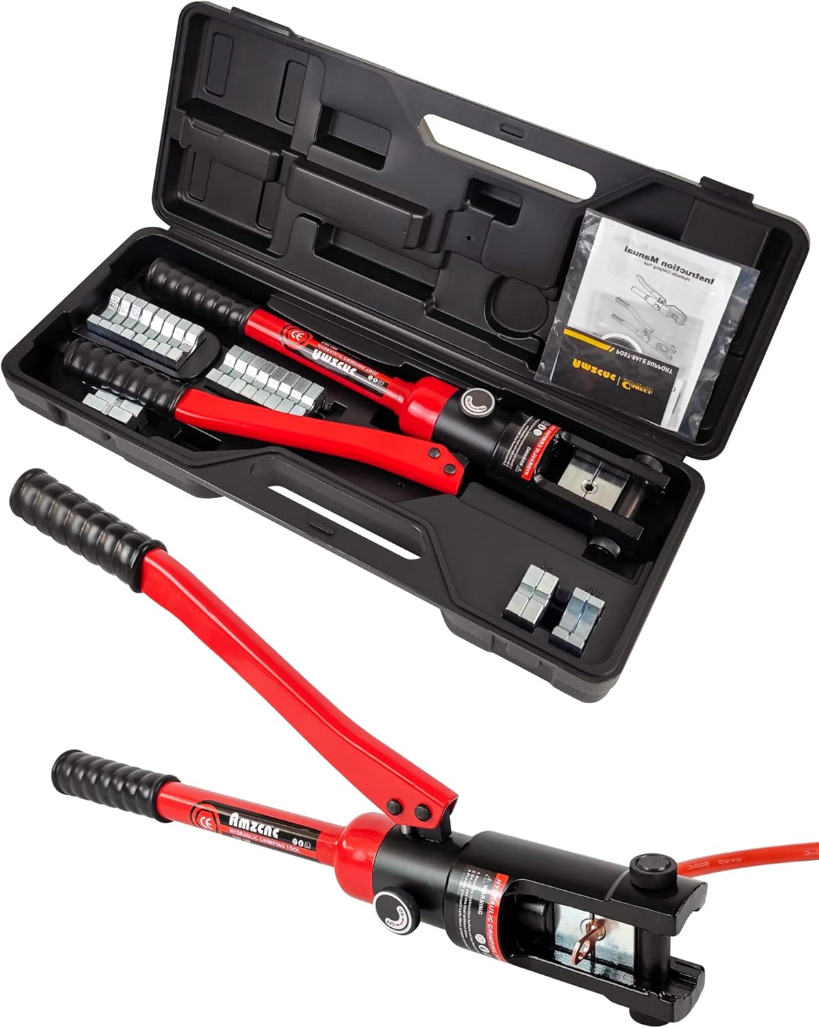 AMZCNC Juego de herramientas de prensado profesional de cable hidráulico de 16 toneladas, crimpadoras de 8 AWG a 600 MCM, herramienta de prensado de