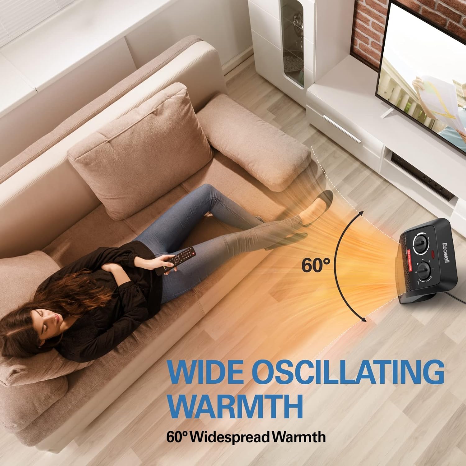 ECOWELL Calentador eléctrico de cerámica de calentamiento rápido de 1500 W con termostato, calentador de torre de 18 pulgadas para uso en