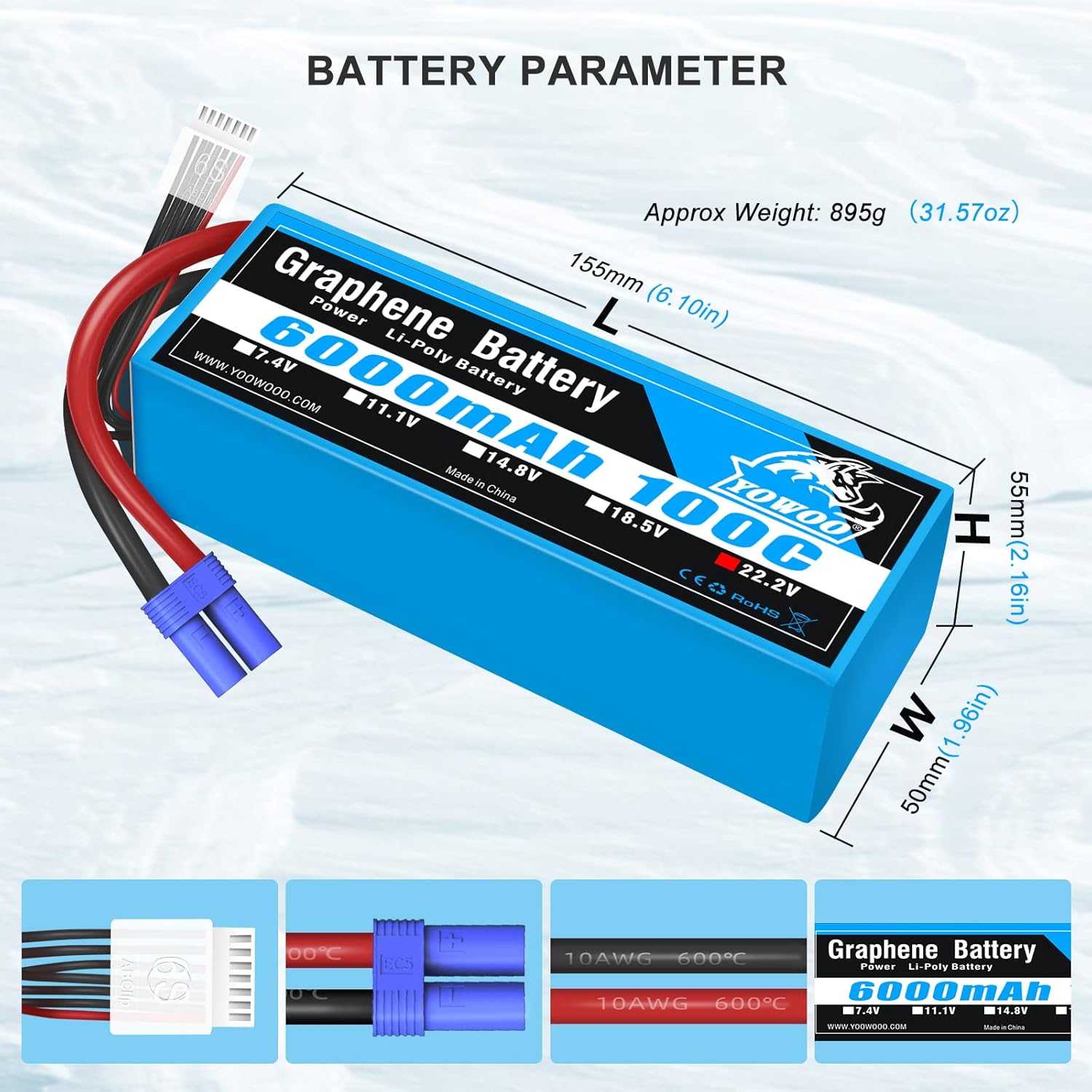 Yowoo 6S 100C 6000mAh 22.2V Lipo Batería con EC5 Plug RC Graphene Lipo para Arrma Mojave EXB Mikado LOGO500 Align T-REX550 600GAUI X5 Outrage 550