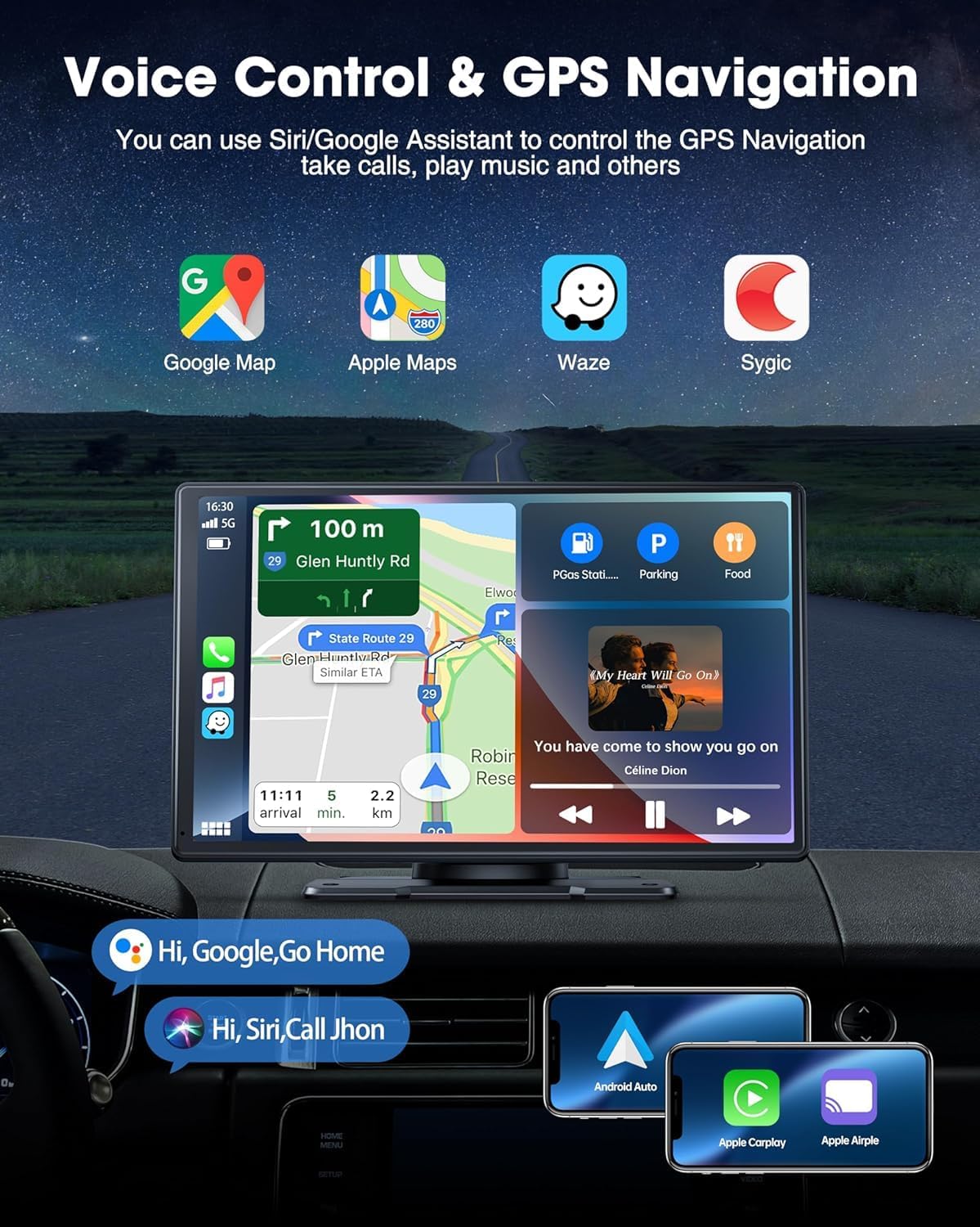 LAMTTO Estéreo inalámbrico portátil para automóvil Apple Carplay con cámara de tablero de 2.5 K, navegación GPS de pantalla táctil de 9 pulgadas