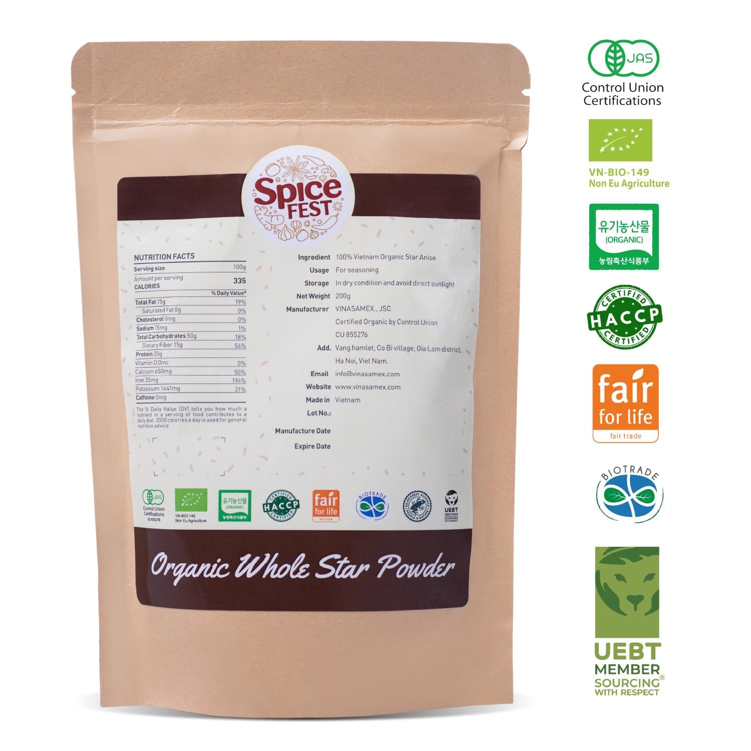 SPICE FEST – Polvo orgánico de anís estrellado, (7.0 onzas) Semillas de anís estrellado vietnamita, 100% natural en polvo de vainas de anís