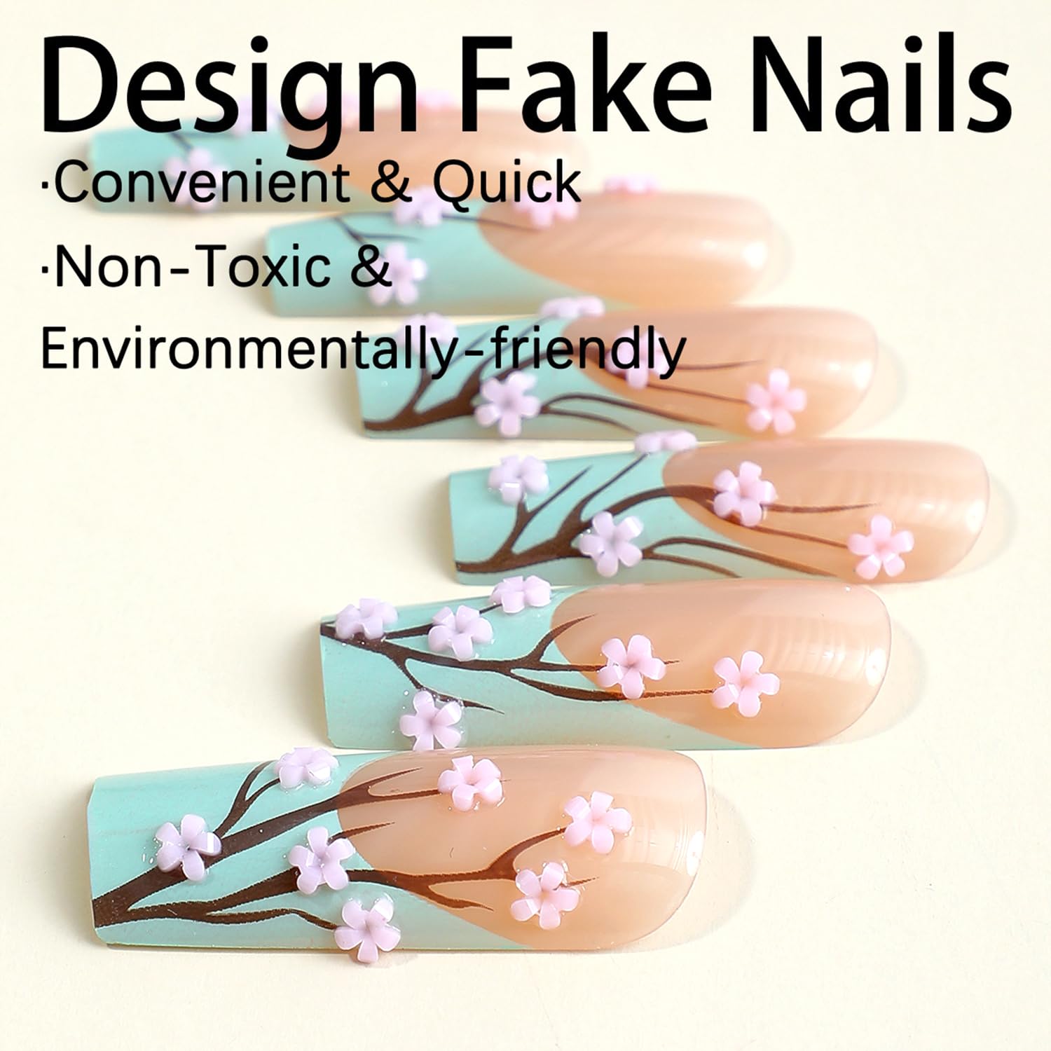 Uñas postizas a presión con punta francesa verde, uñas extralargas de bailarina, ataúd de bailarina, uñas postizas con flores rosas 3D, uñas