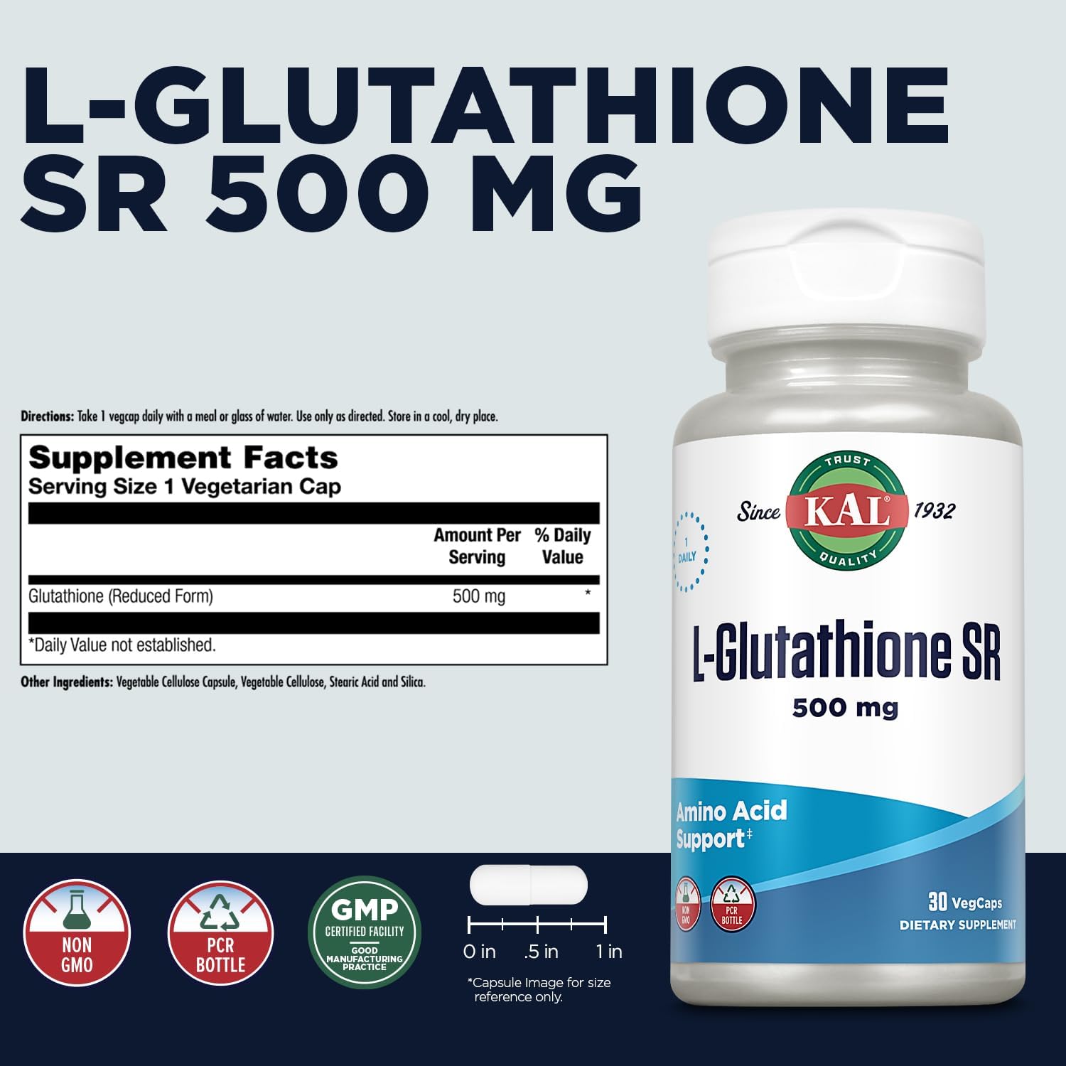 KAL L-glutatión SR, suplemento de glutatión reducido, suplemento antioxidante de alta absorción, verificado en laboratorio, 30 porciones, 30