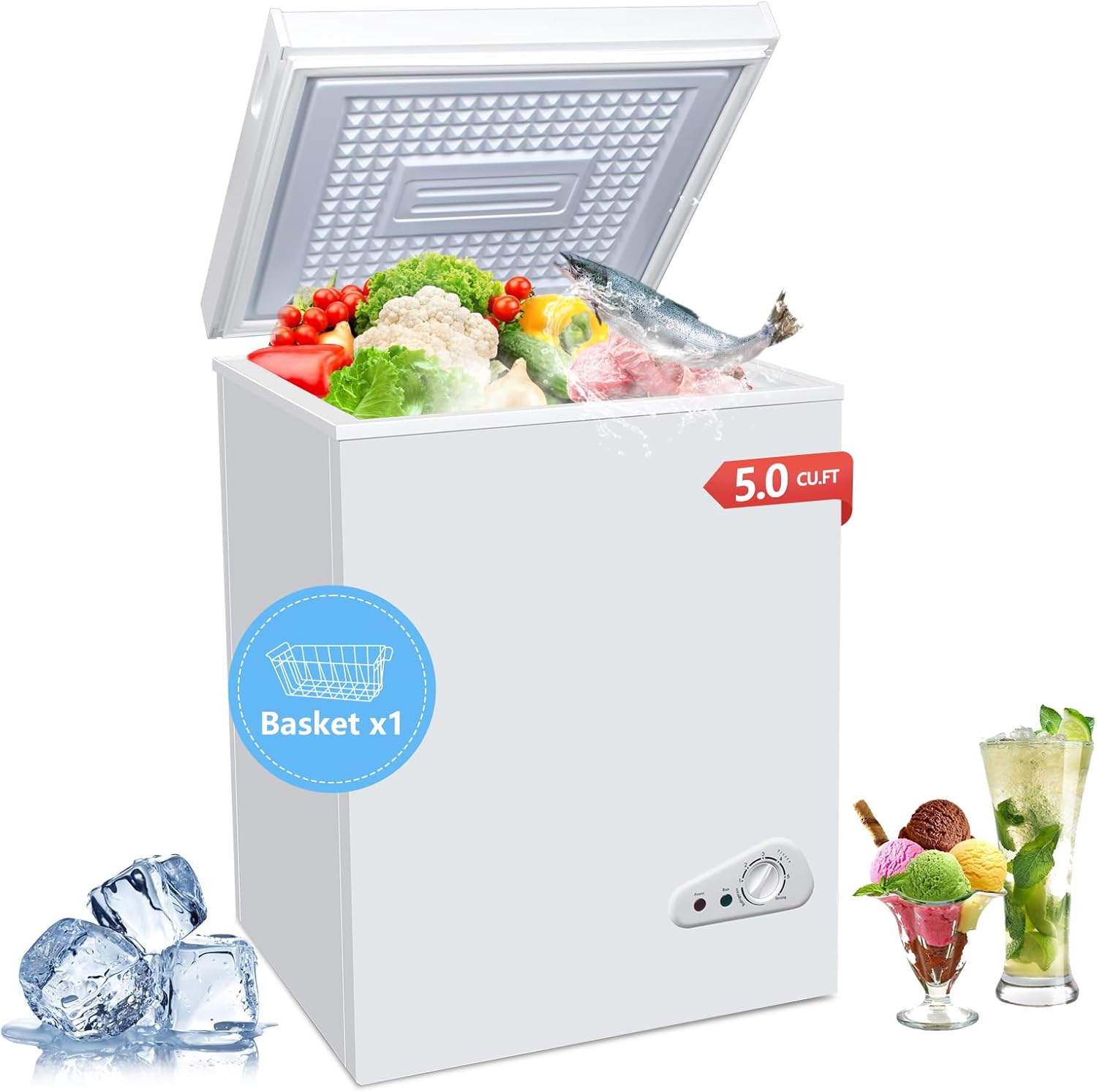 FLG-80Q – Cesta extraíble de 3.5 pies cúbicos con 7 engranajes, control de temperatura ajustable (-18F a 46F), congelador compacto profundo para