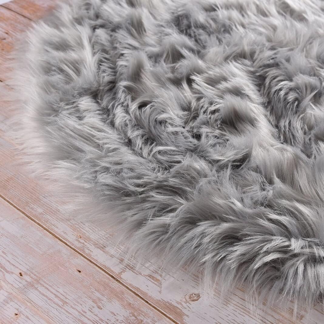 ORINOVA Round Rugs – Alfombra redonda de piel sintética de oveja sintética, lavable, de 6 pies, color gris plateado, para dormitorio, alfombra