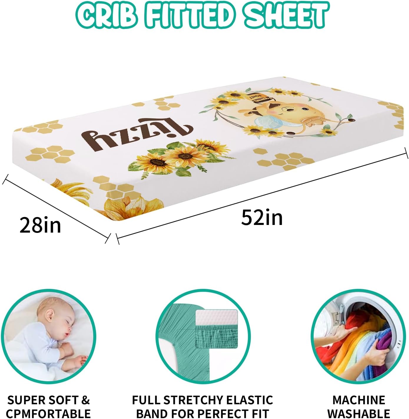 Juego de ropa de cama personalizado para cuna 5 piezas de regalo personalizado con patrón de abeja con nombre, juego de ropa de cama de guardería