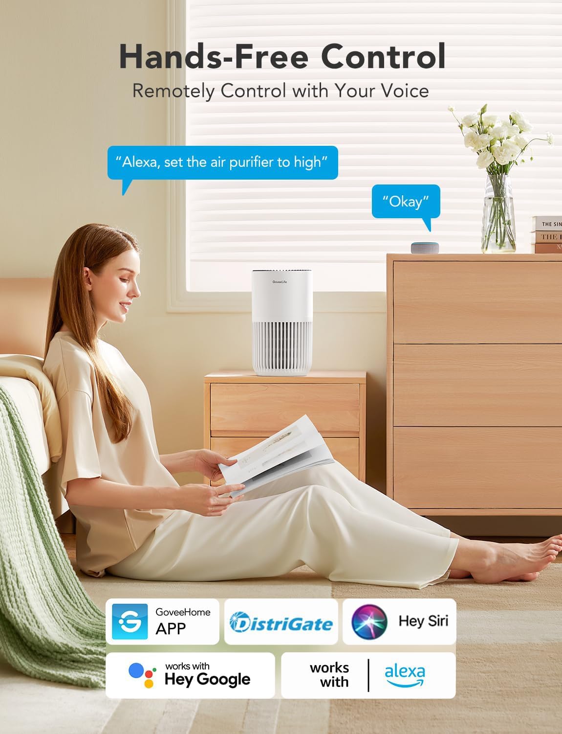 GoveeLife Mini purificador de aire para dormitorio, filtro inteligente HEPA purificador de aire con aplicación Alexa Control para pelo de mascotas,