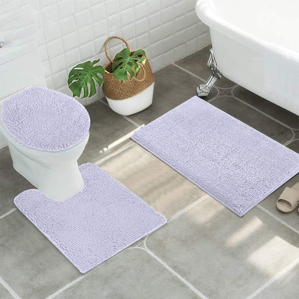 Luxury Home Collection – Juego de 3 alfombras de baño de felpilla súper suaves y antideslizantes, tapete de contorno y tapa de inodoro (blanco)