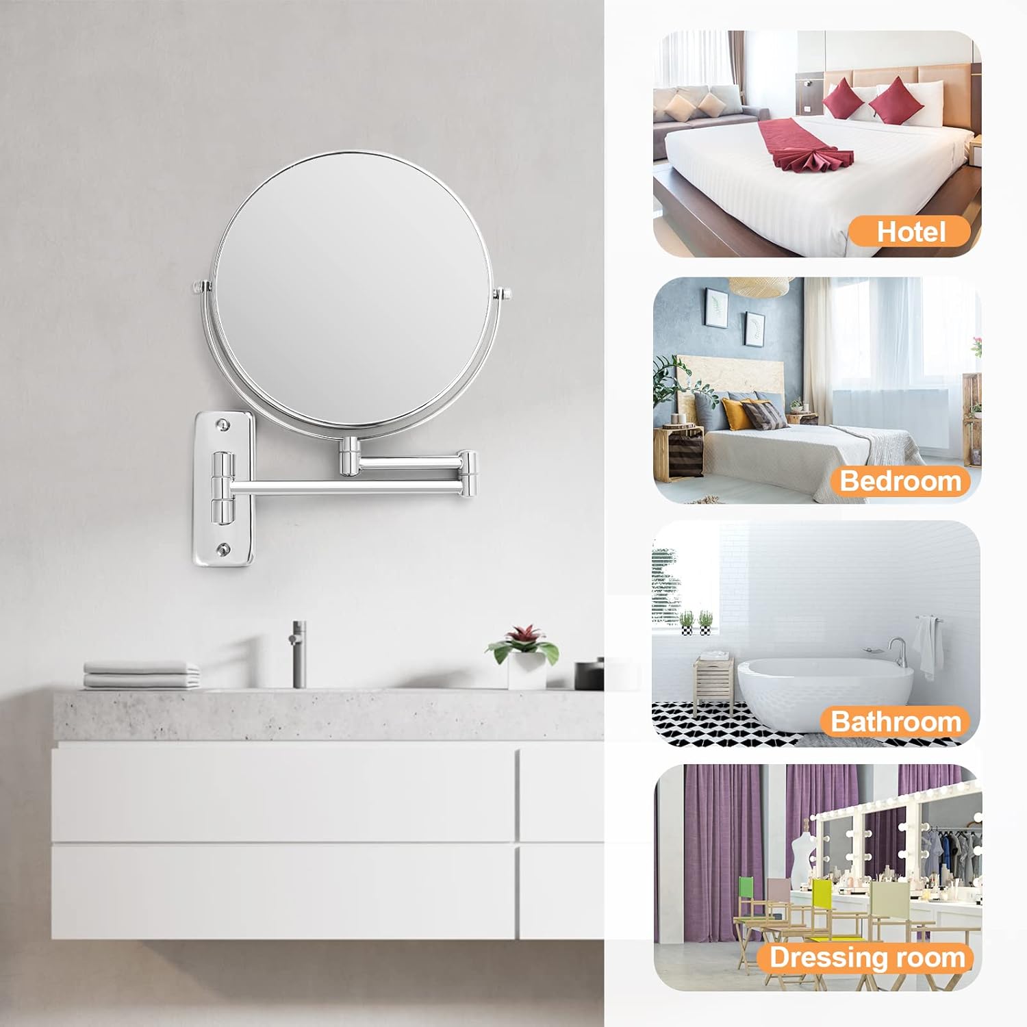 Espejo de aumento de montaje en pared de 8 pulgadas, espejo de maquillaje de doble cara 1X10X, espejo extensible giratorio 360 para baño, cromado