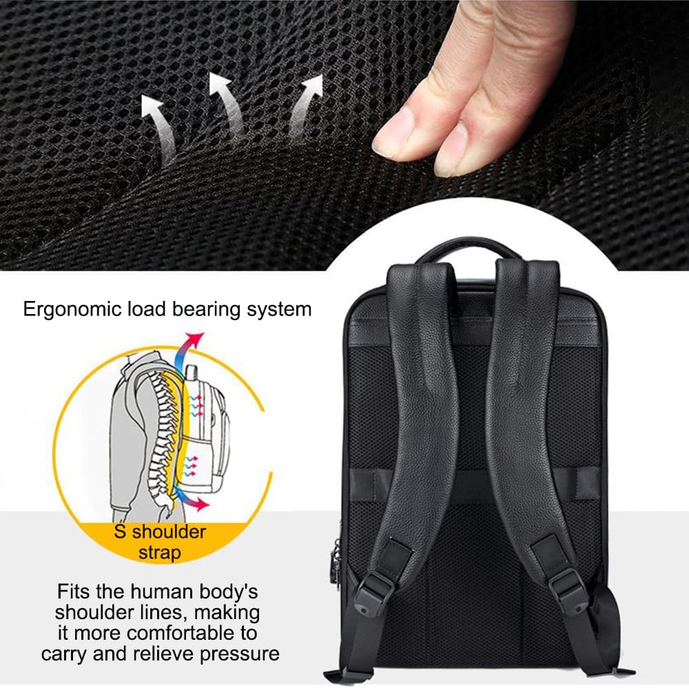 Genuine Leather 15.6 Inch Laptop Backpack for Men & Women, Black Business Travel Backpack, Hiking Rucksack Daypack