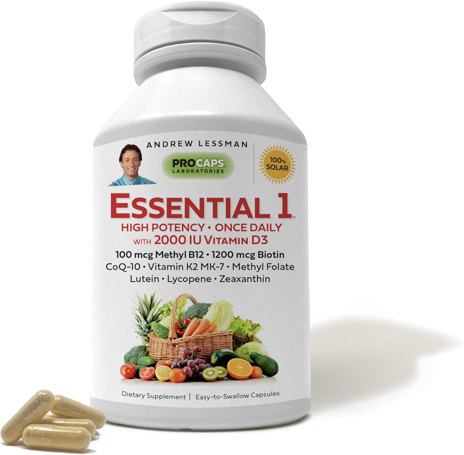 Andrew Lessman Multivitamínico Essential 1, cápsulas pequeñas, 3000 UI Vitamina D3. 250 mcg de metilo B12. Lutein Lycopene Zeaxanthin. Más de 24