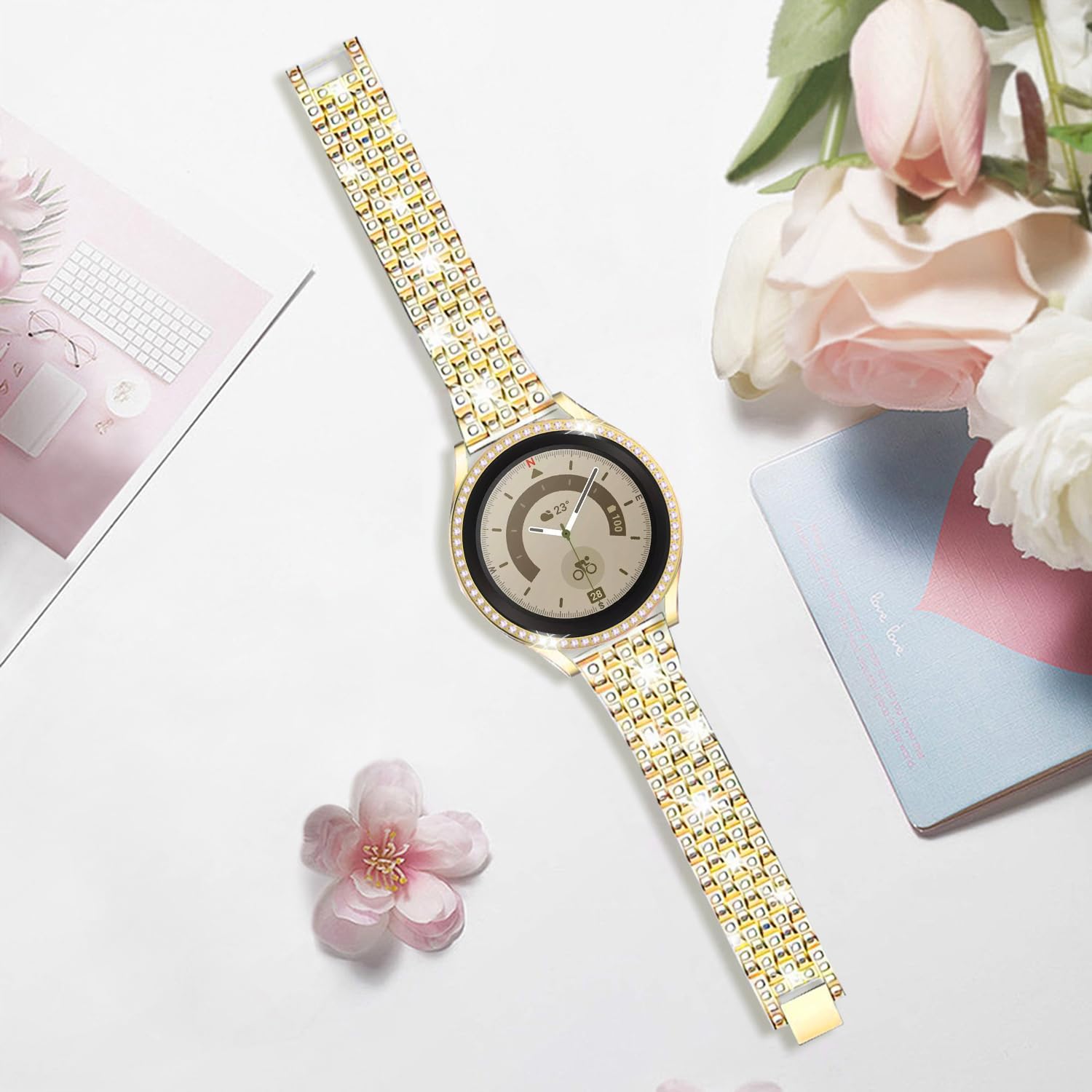 Correas compatibles con Samsung Galaxy Watch 455 Pro, correa de metal con diamantes de imitación de 0.787 pulgadas con funda protectora de repuesto