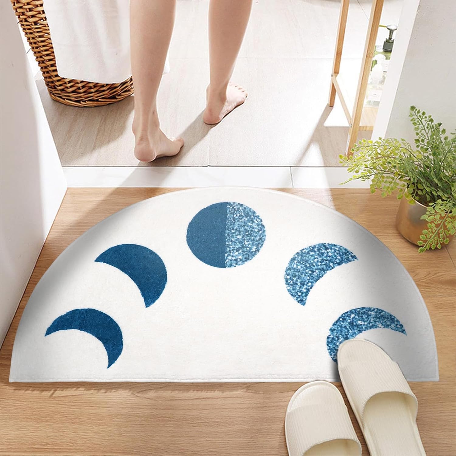 Jizrecly Tapete de baño bohemio semicírculo, tapete de baño bohemio semicircular, antideslizante, sol y luna, alfombra media redonda para baño y