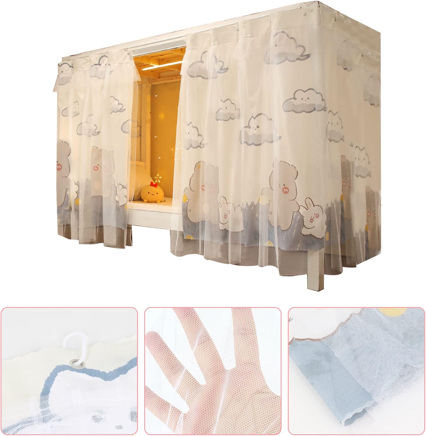 Hermosas cortinas de gasa para litera, cortinas con encaje para privacidad, 2 paneles, conejo de oso