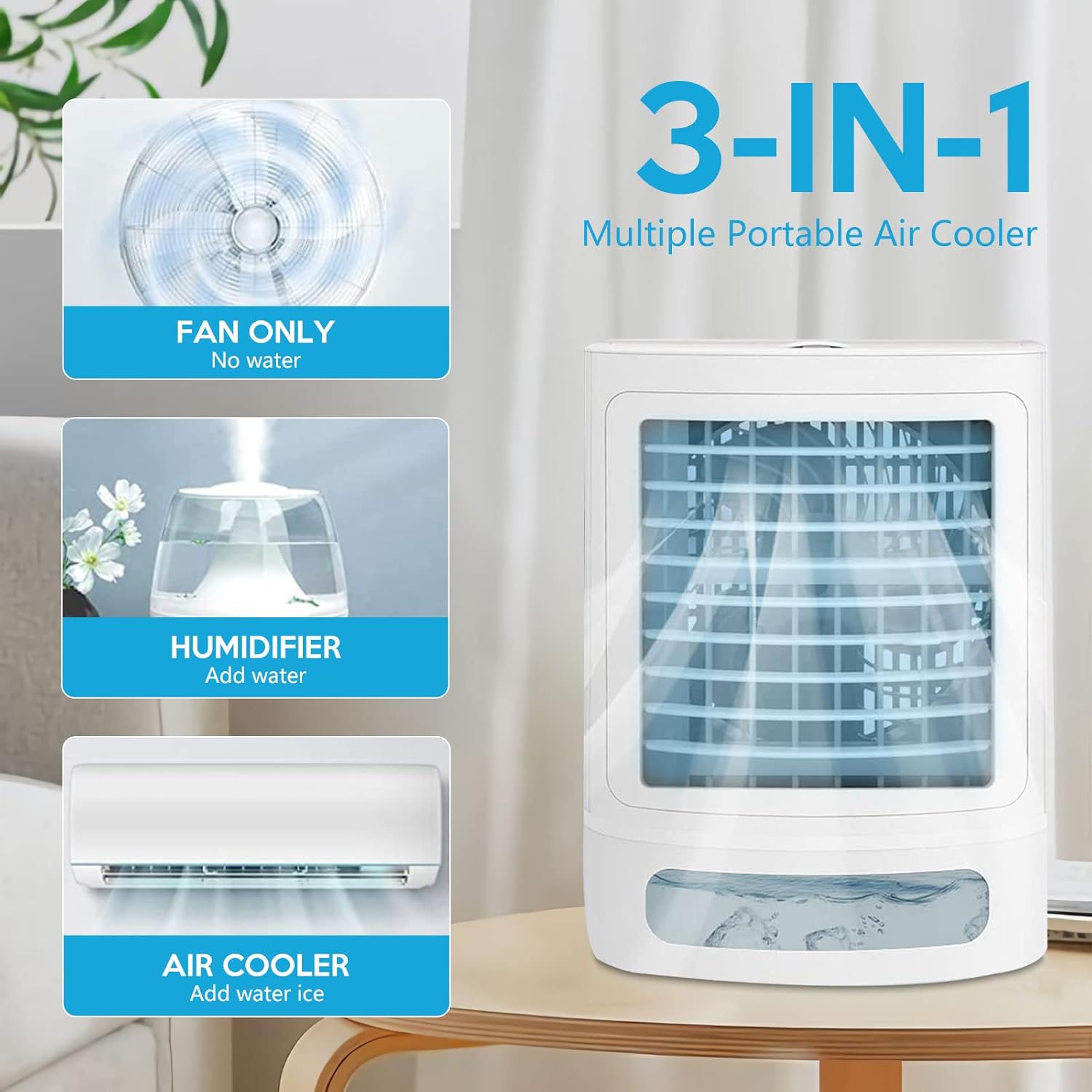 Mini aire acondicionado portátil, enfriador de aire evaporativo 3 en 1 – Fancole pequeño aire acondicionado con 3 niveles de humidificación, luz