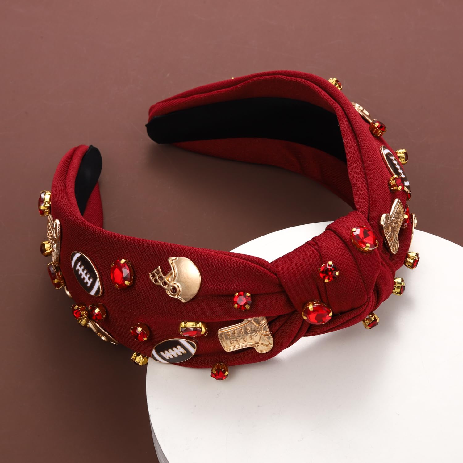 GLBCC Diadema anudada de fútbol para mujer, deportiva con perlas blancas y diamantes de imitación, diadema divertida con nudo torcido, accesorios