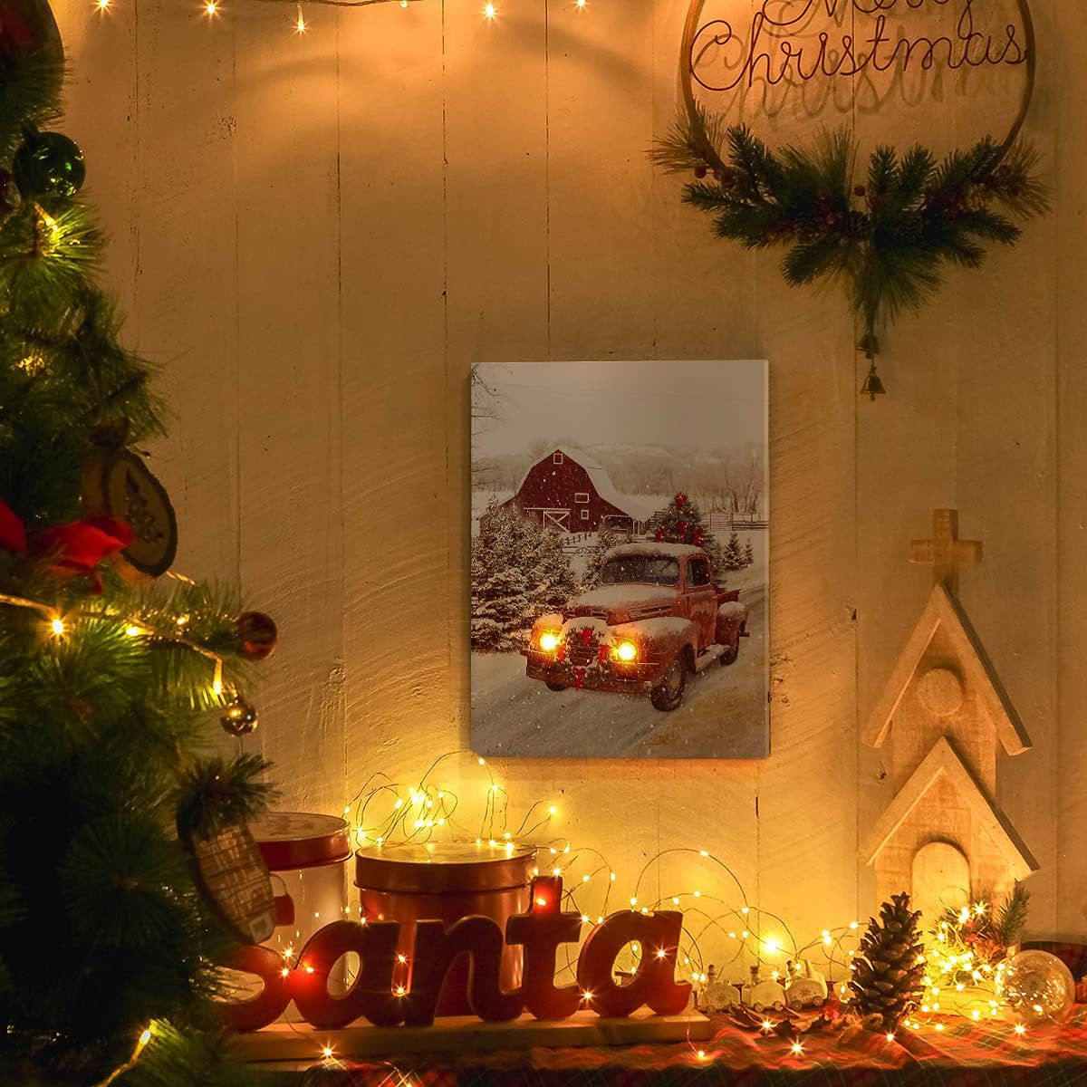 NIKKY HOME Lienzo decorativo con luz LED de Navidad de 16 x 12 pulgadas, impresiones artísticas iluminadas con luz roja, casa de granero y árbol de