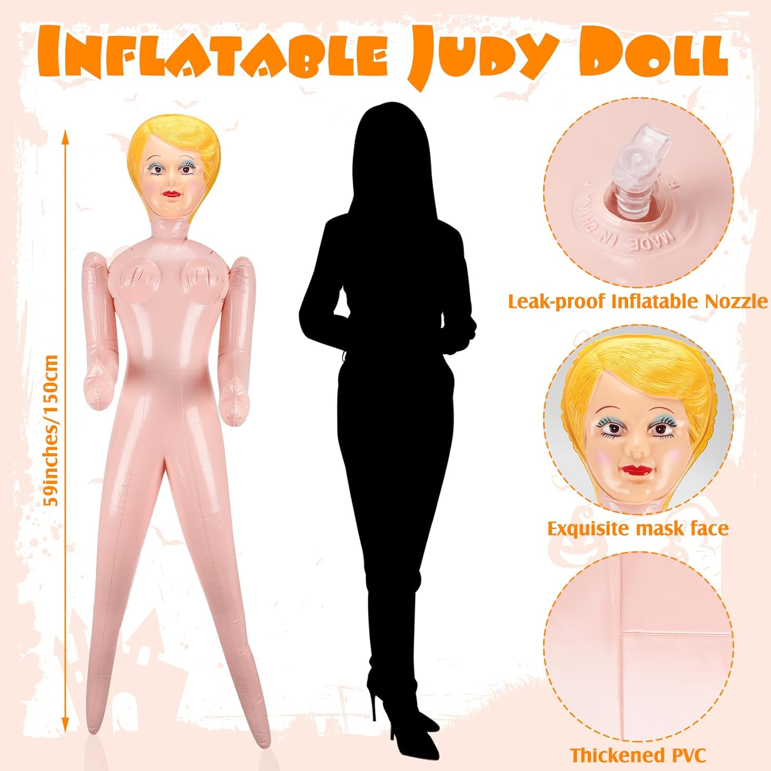 Liliful Judy Doll inflable de 59 pulgadas sin partes móviles, muñeca inflable divertida de vestir, tamaño real para chicos, adultos, solteros,