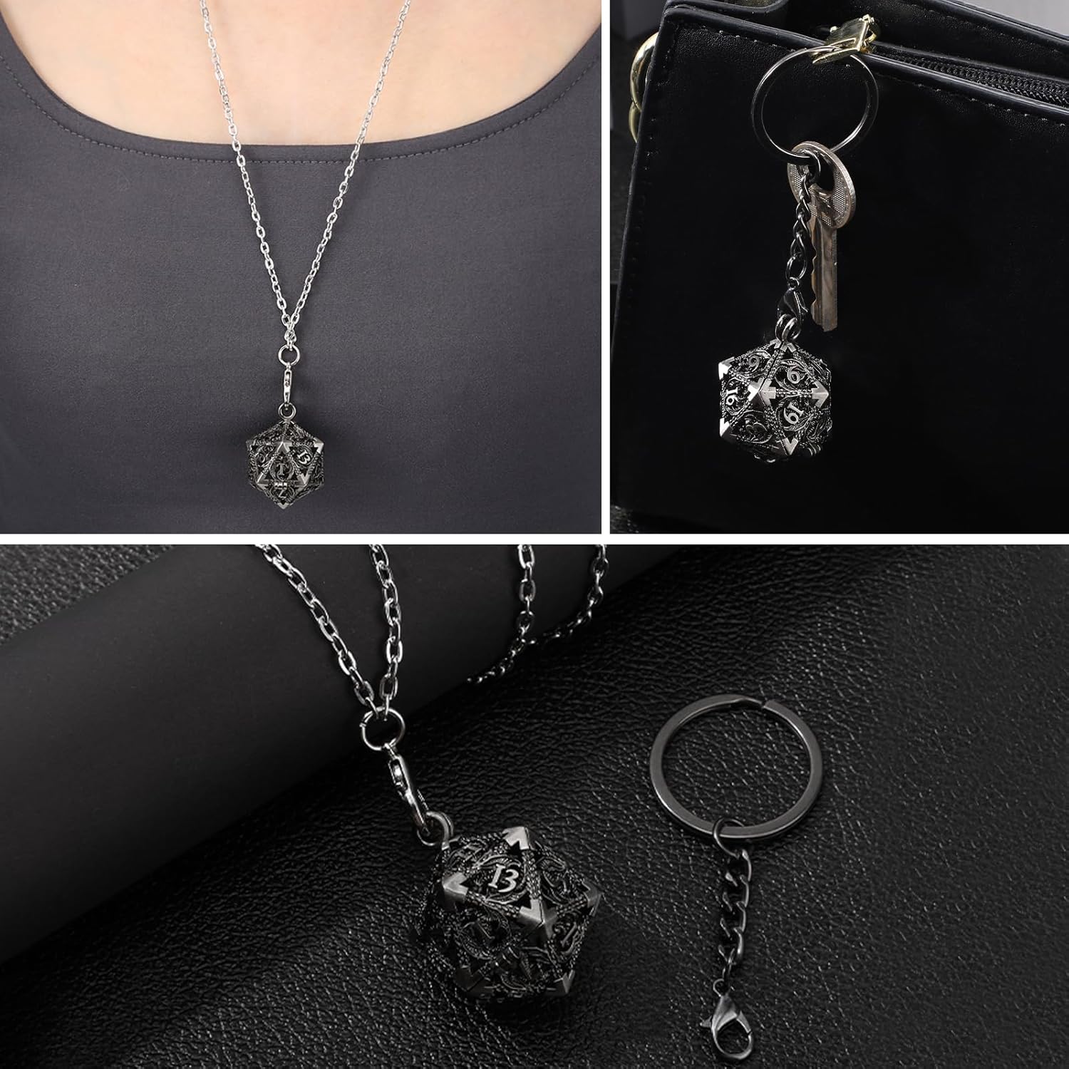 Syhood Juego de dados pequeños, 7 piezas de dados pequeños de metal, collar hueco D20, estuche de dados, llavero, juegos de mesa para juegos de rol,