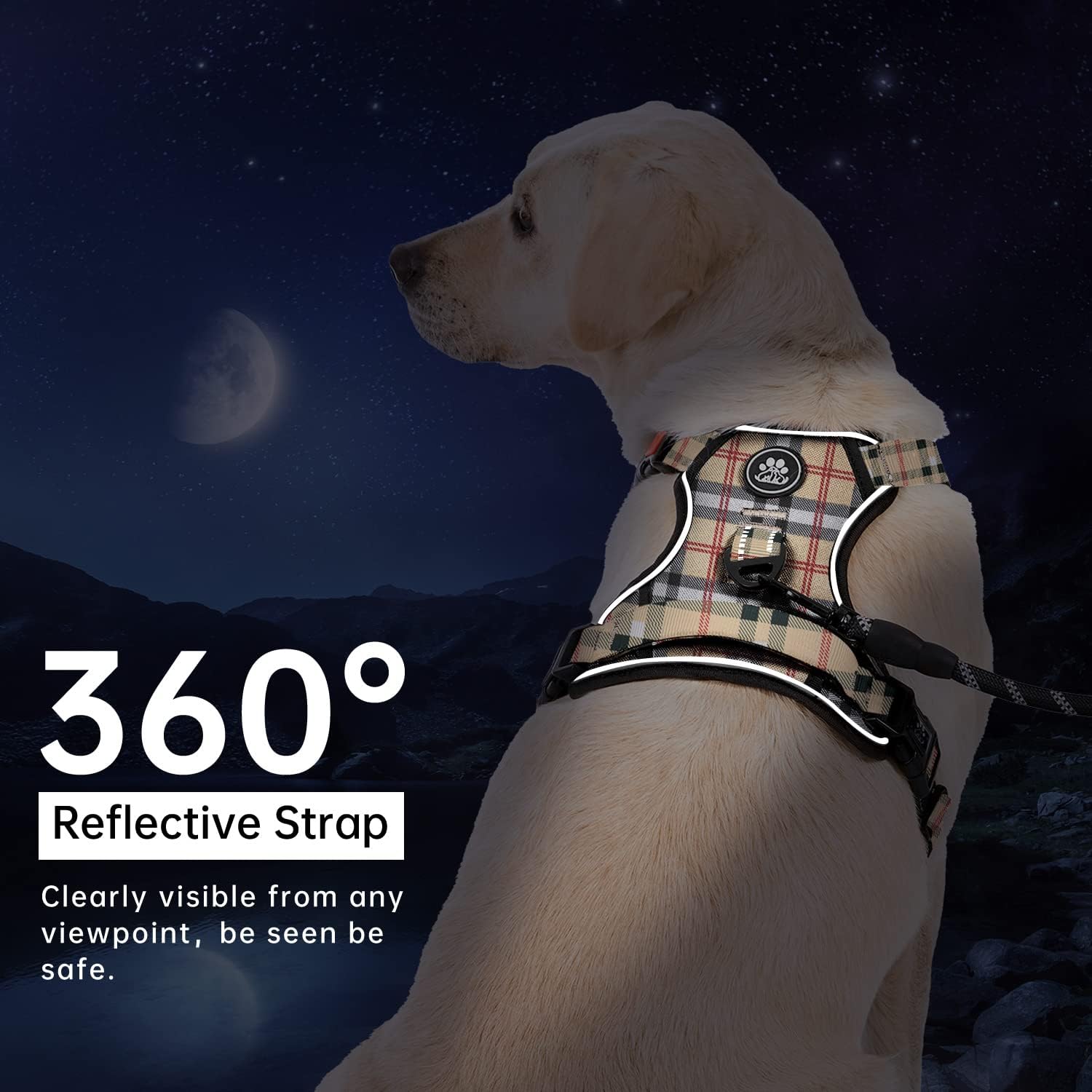 IVY&LANE Arnés sin tirones para perros grandes, arnés de chaleco reflectante de 360 con 2 clips para correa, 3 hebillas a presión, chaleco acolchado