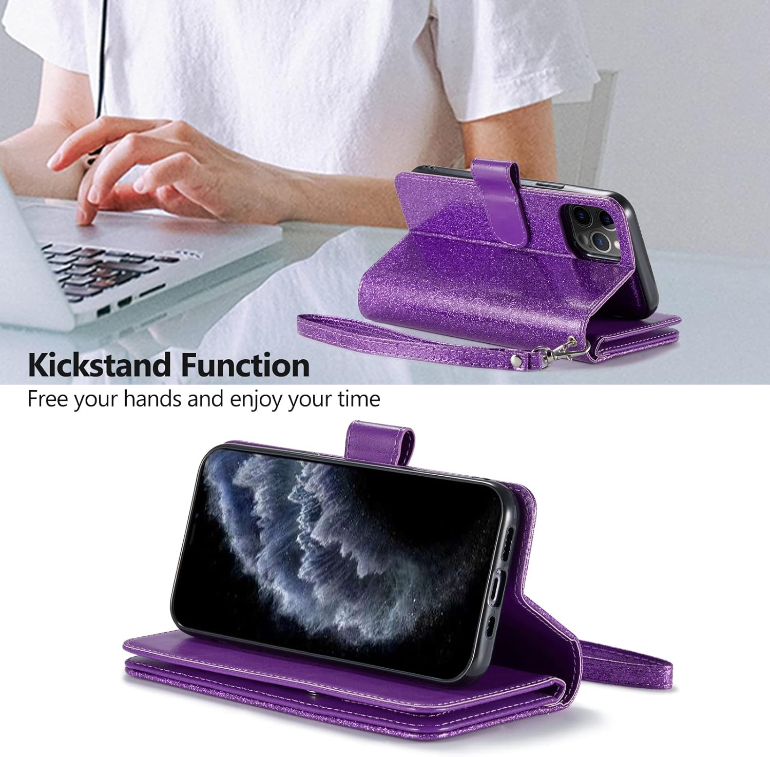 Varikke Funda tipo cartera para iPhone 11 Pro Max, funda magnética desmontable para mujer con tarjetero, soporte y correa para la muñeca, se adapta