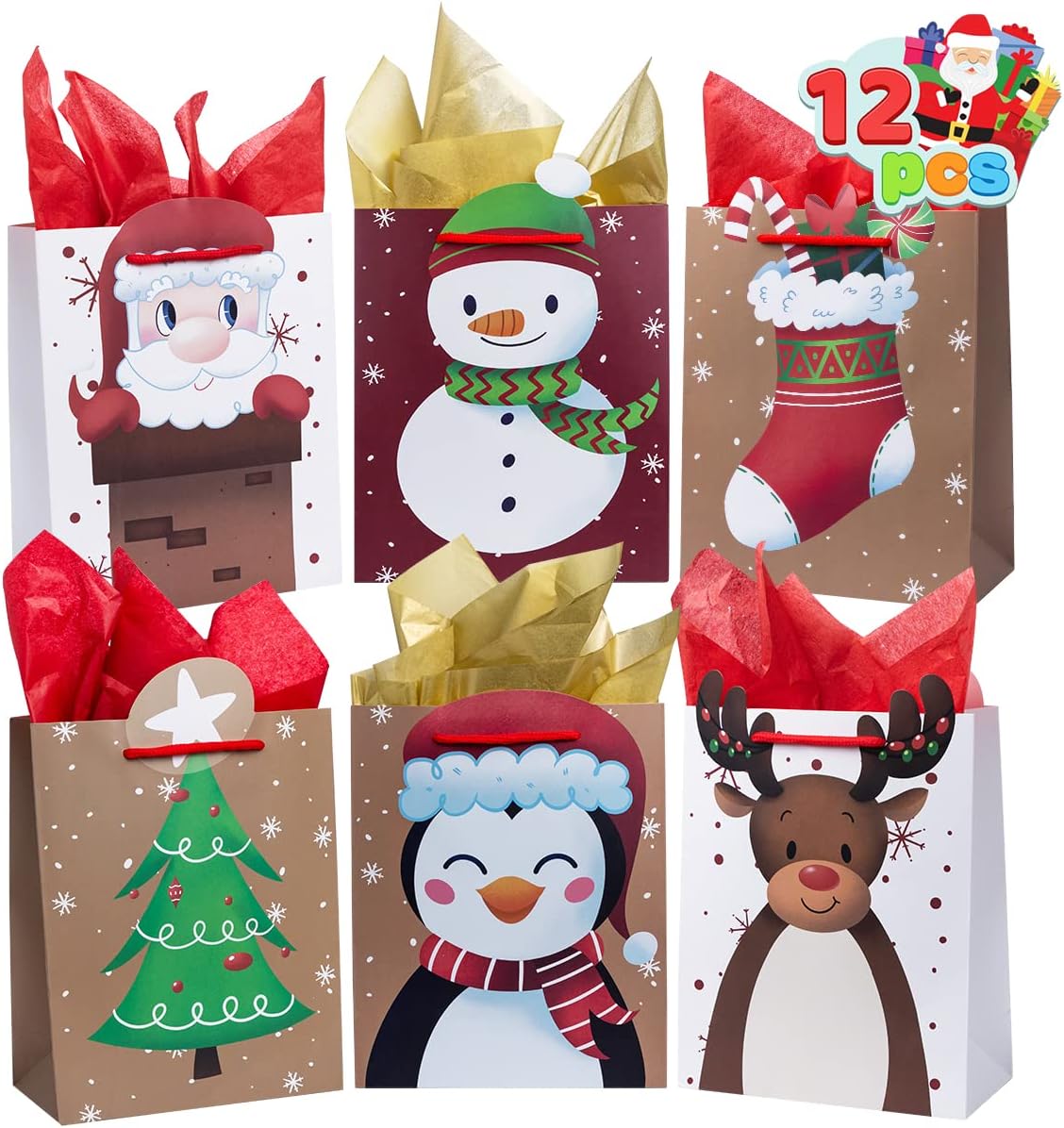 JOYIN Juego de extensión de bolsa de Navidad lindo juego de extensión de bolsa de Navidad, 12 bolsas de regalo de papel kraft de Navidad, juego de 6