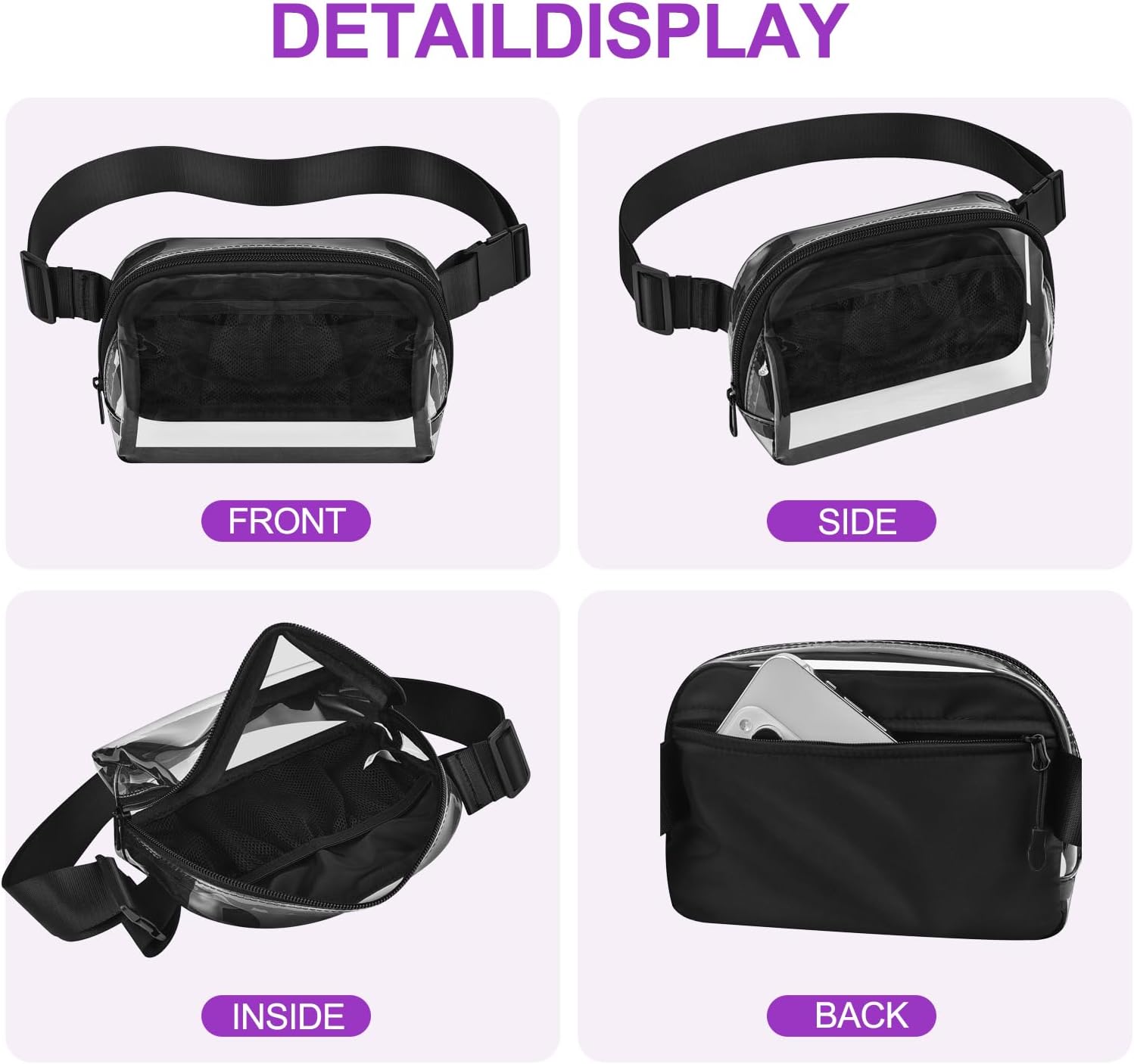 Riñonera transparente para mujeres y hombres, riñoneras de moda, Negro -, Deporte